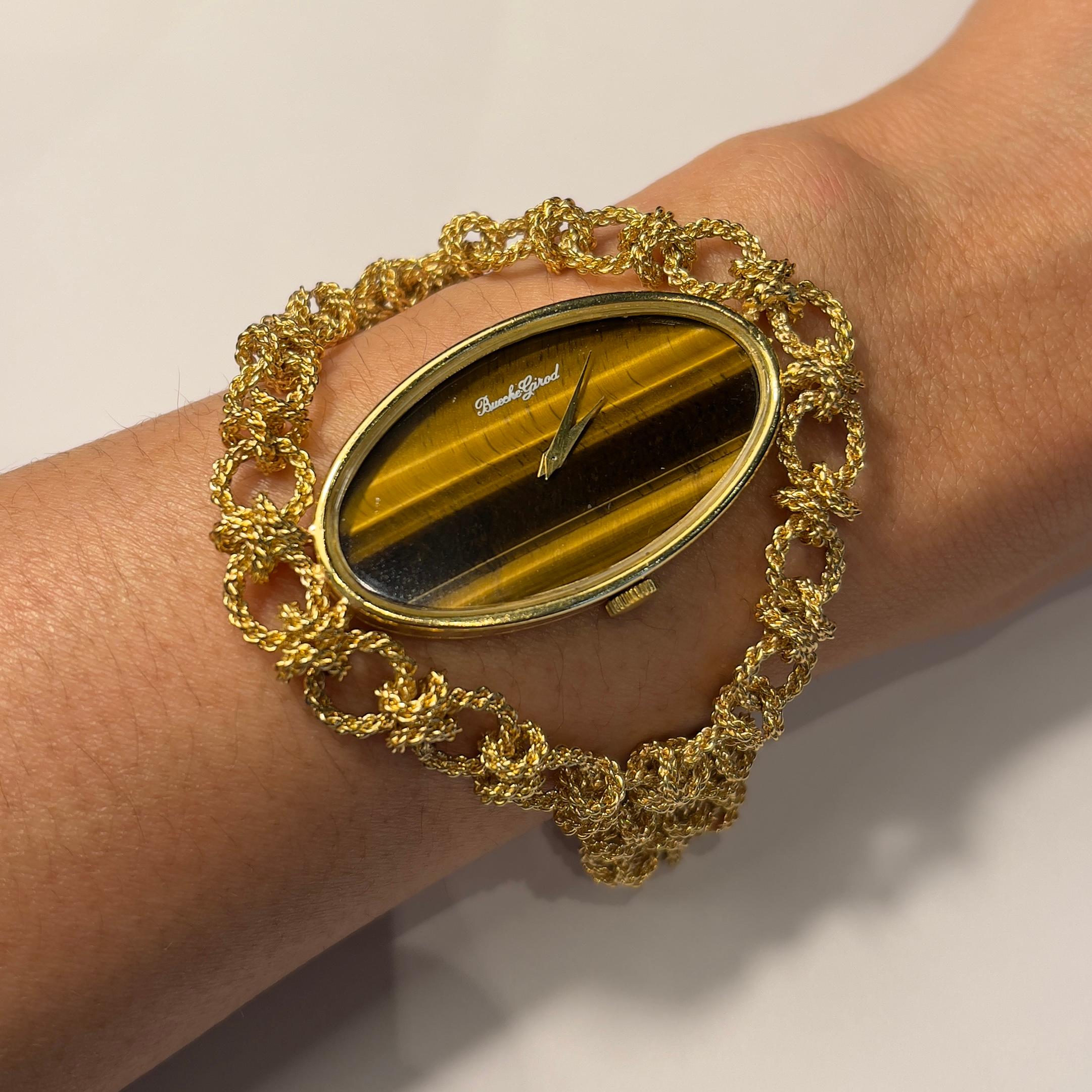 Bueche Girod Vintage Watch 1970s Gold and Tiger's Eye Gem For Sale 2