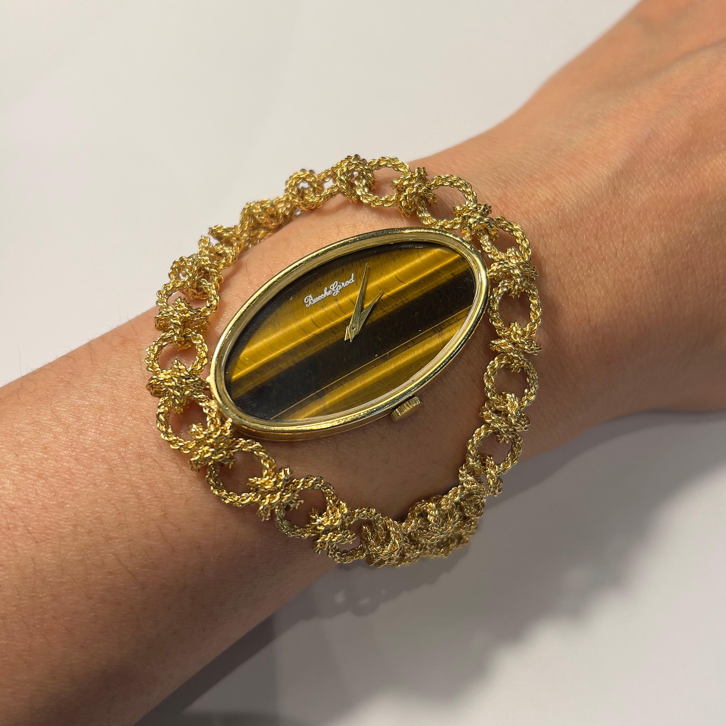 Bueche Girod Vintage Watch 1970s Gold and Tiger's Eye Gem For Sale 1