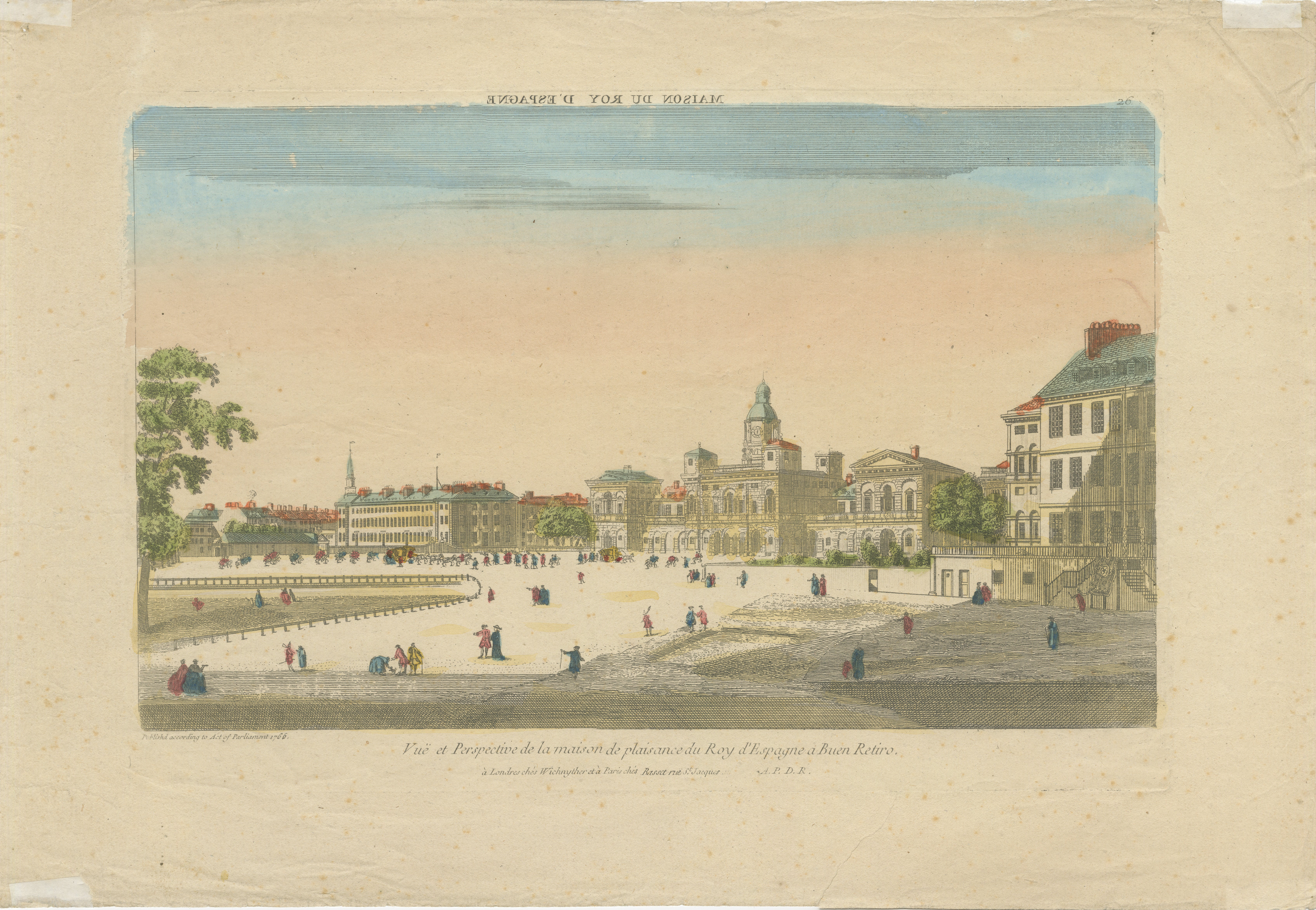 Title:
Vue et Perspective de la Maison de Plaisance du Roy d’Espagne à Buen Retiro – Optical View, London, circa 1780

Description:
This engaging hand-colored optical view, titled *Vue et Perspective de la Maison de Plaisance du Roy d’Espagne à Buen