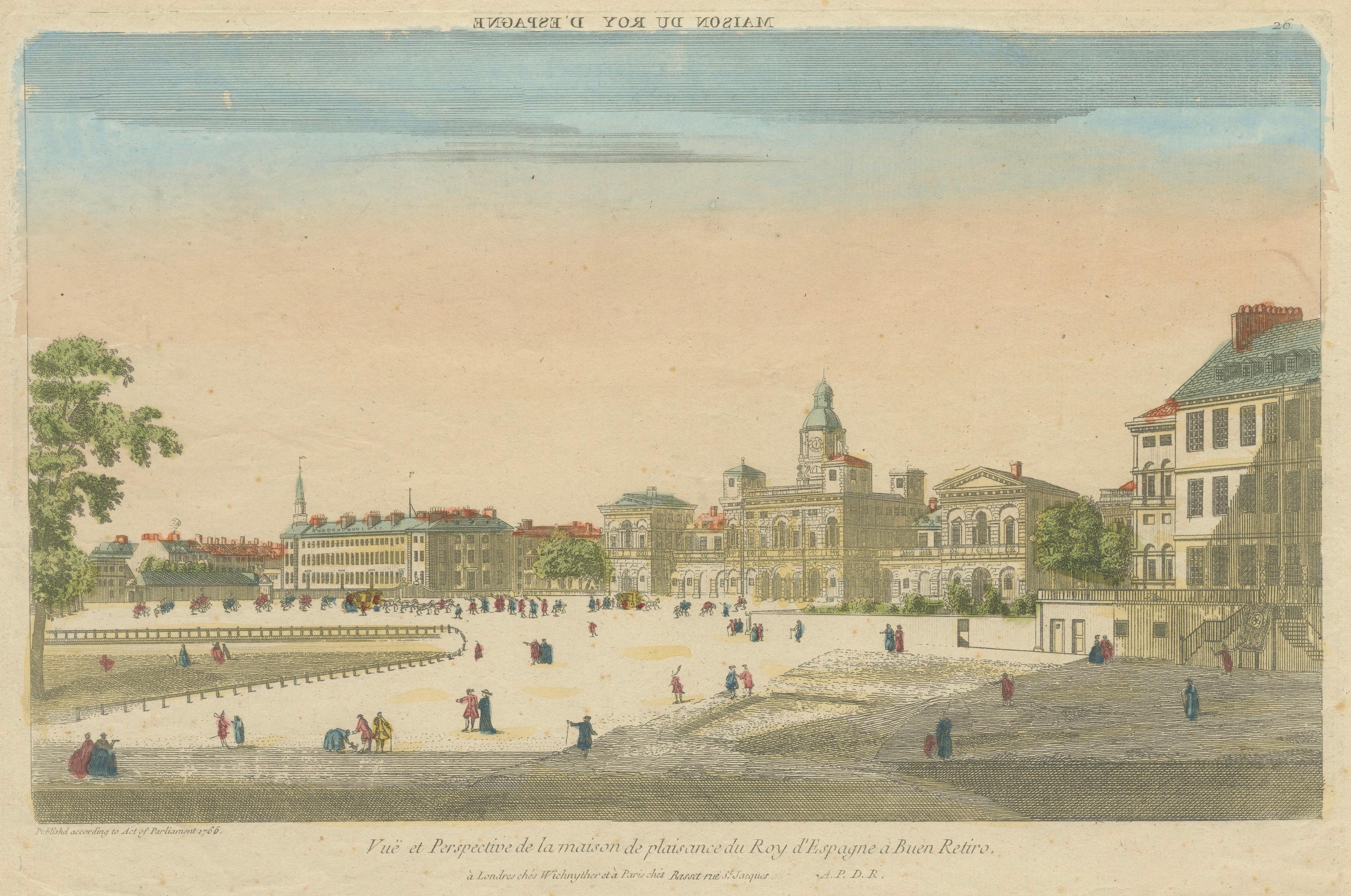 English Optical View of the Royal Palace at Buen Retiro, Hand-Colored, London c.1780 For Sale