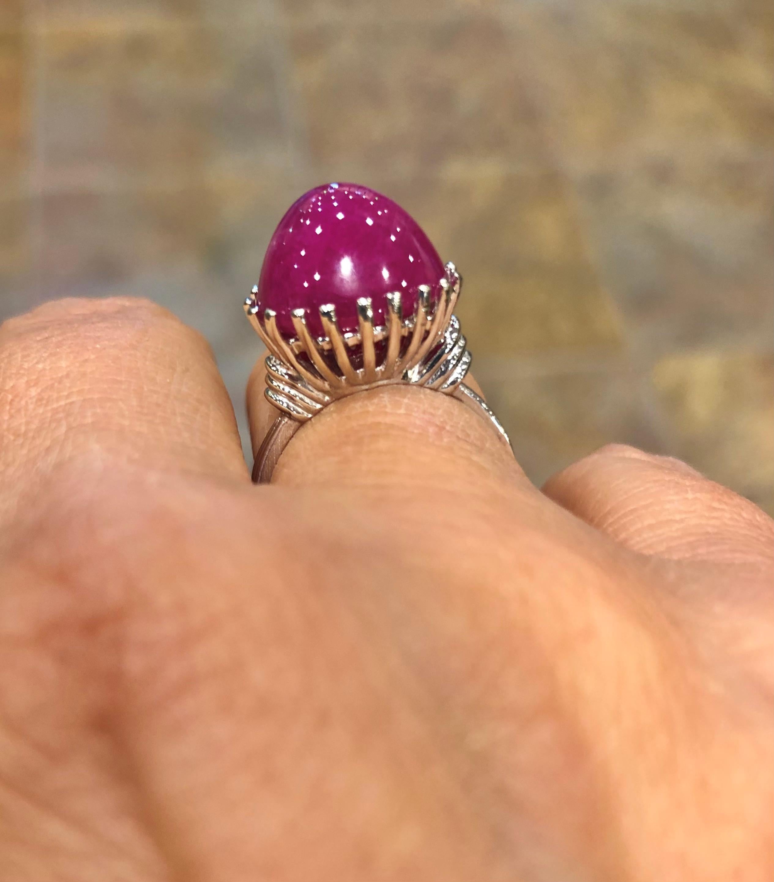Cabochon Burma Ruby White Gold Solitaire Ring For Sale