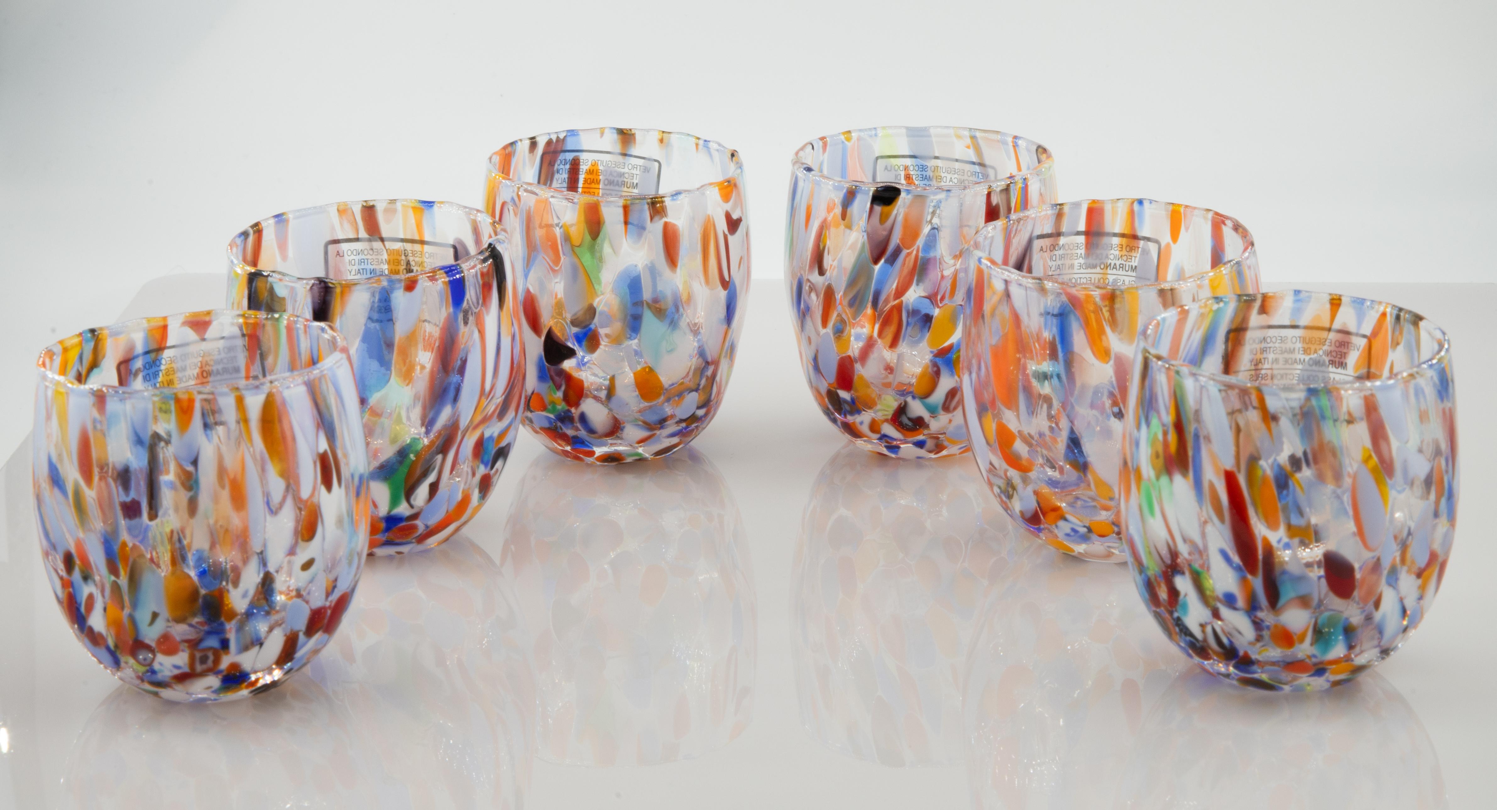 Set of six shot\café glasses color Millefiori - Murano glass - Made in Italy.

These individual Murano glasses are inspired by the classic 
