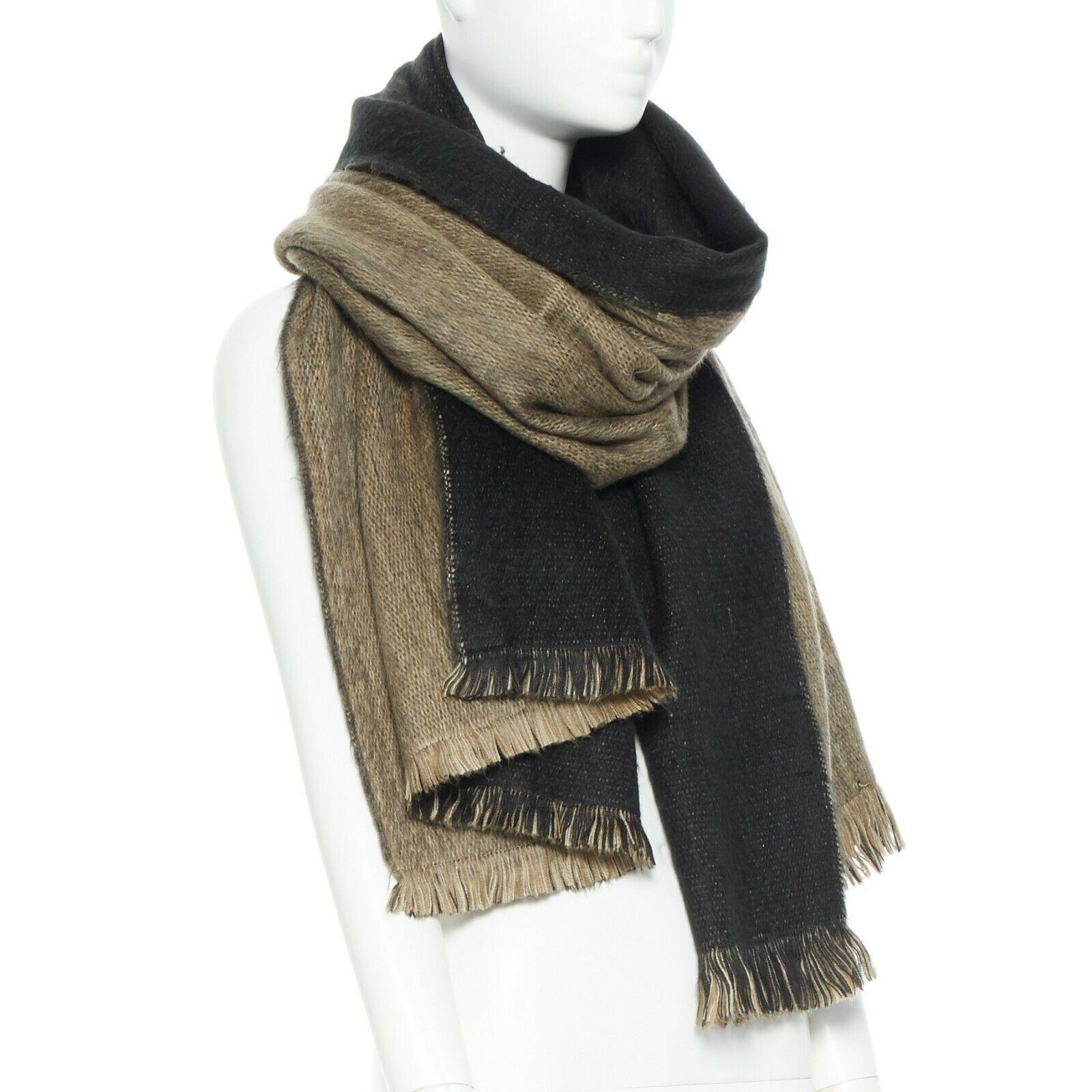 Black BUFANDY AW18 Shawl Fabian Ombre black grey brown alpaca wool wide fray fringe