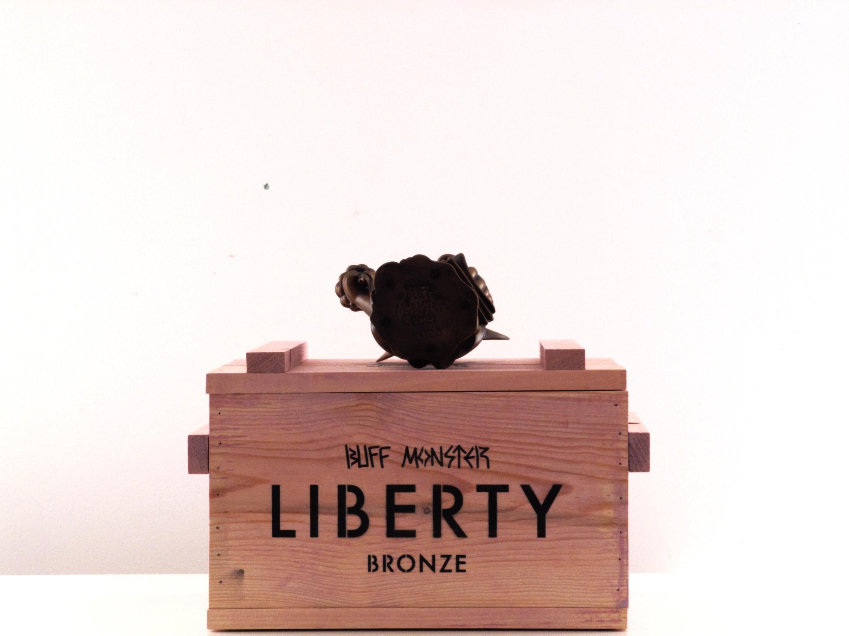 Realizzata in bronzo, lo standard moderno per le statue, l'edizione definitiva della celebrazione della Statua della Libertà da parte dell'artista presenta il suo caratteristico personaggio con un occhio solo che trasporta una 