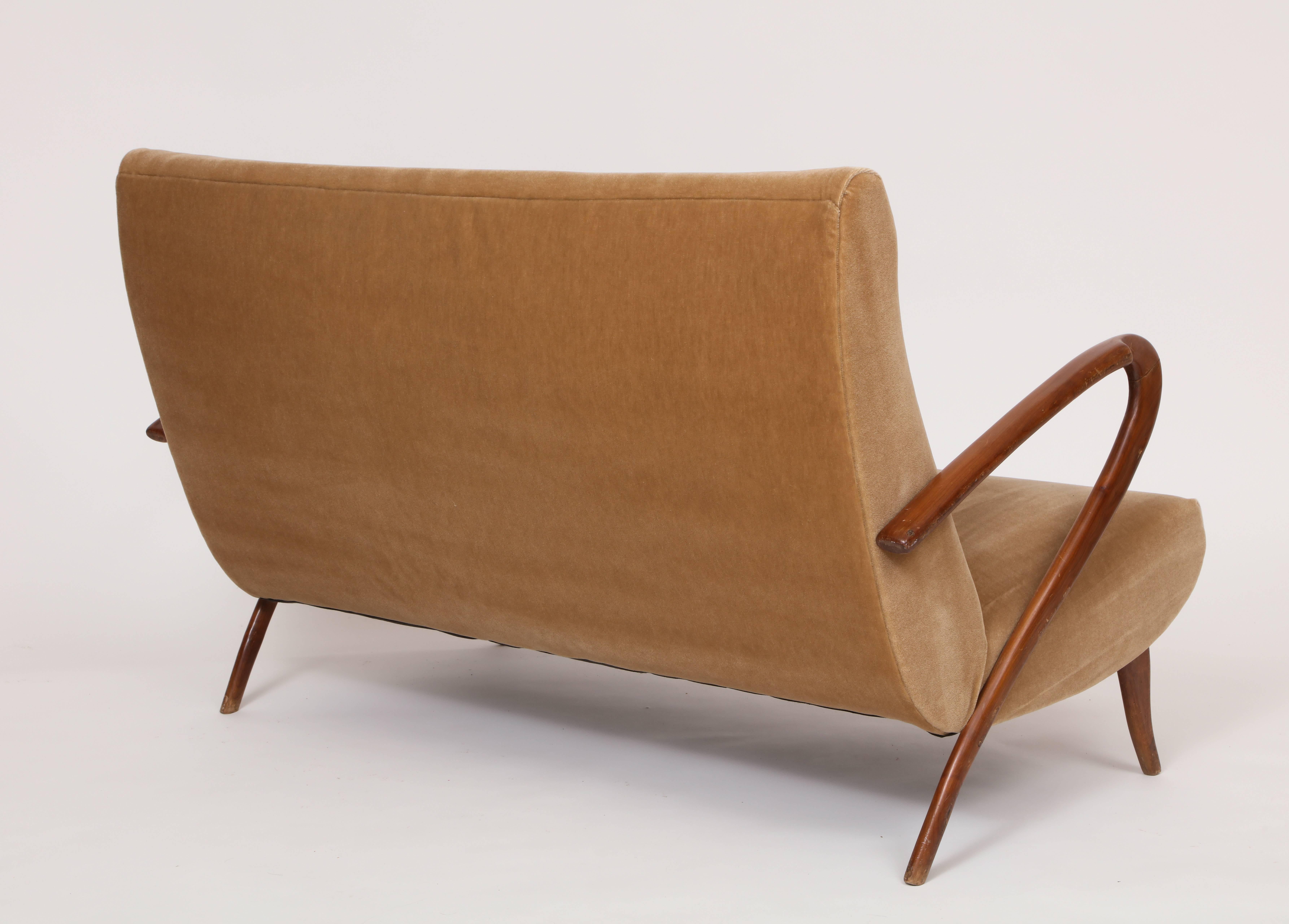 Mid-Century Modern Buffa Style Italian Midcentury Settee with Camel Mohair Fabric, Italy, 1950s
