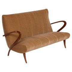 Buffa Style Italian Midcentury Settee with Camel Mohair Fabric, Italy, 1950s