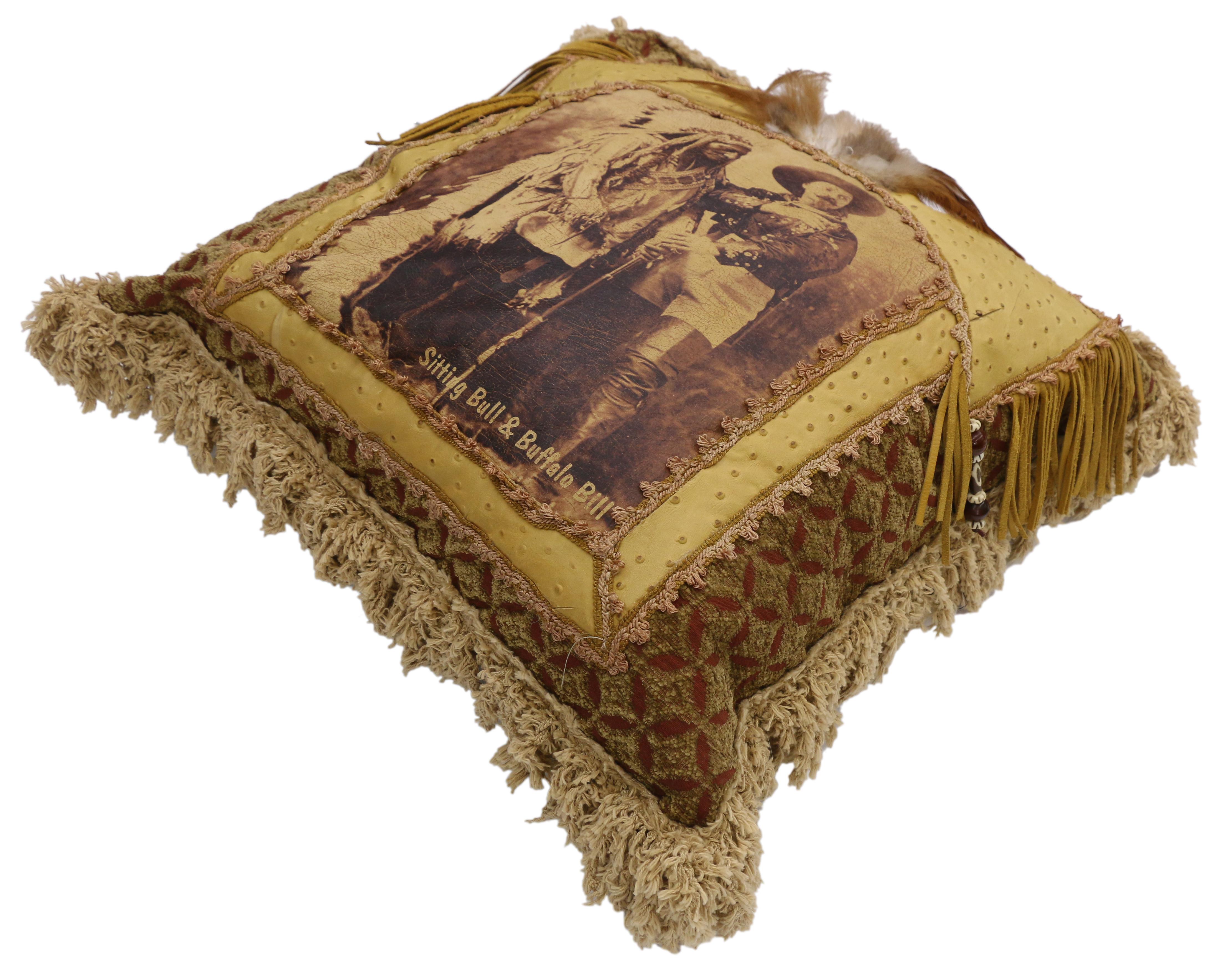 Buffalo bill and sitting bull leather pillow with Anglo-Indian style. This leather throw pillow displays the well-known photograph of sitting bull with buffalo bill taken by William Cross when sitting bull agreed to join buffalo bill's Wild West