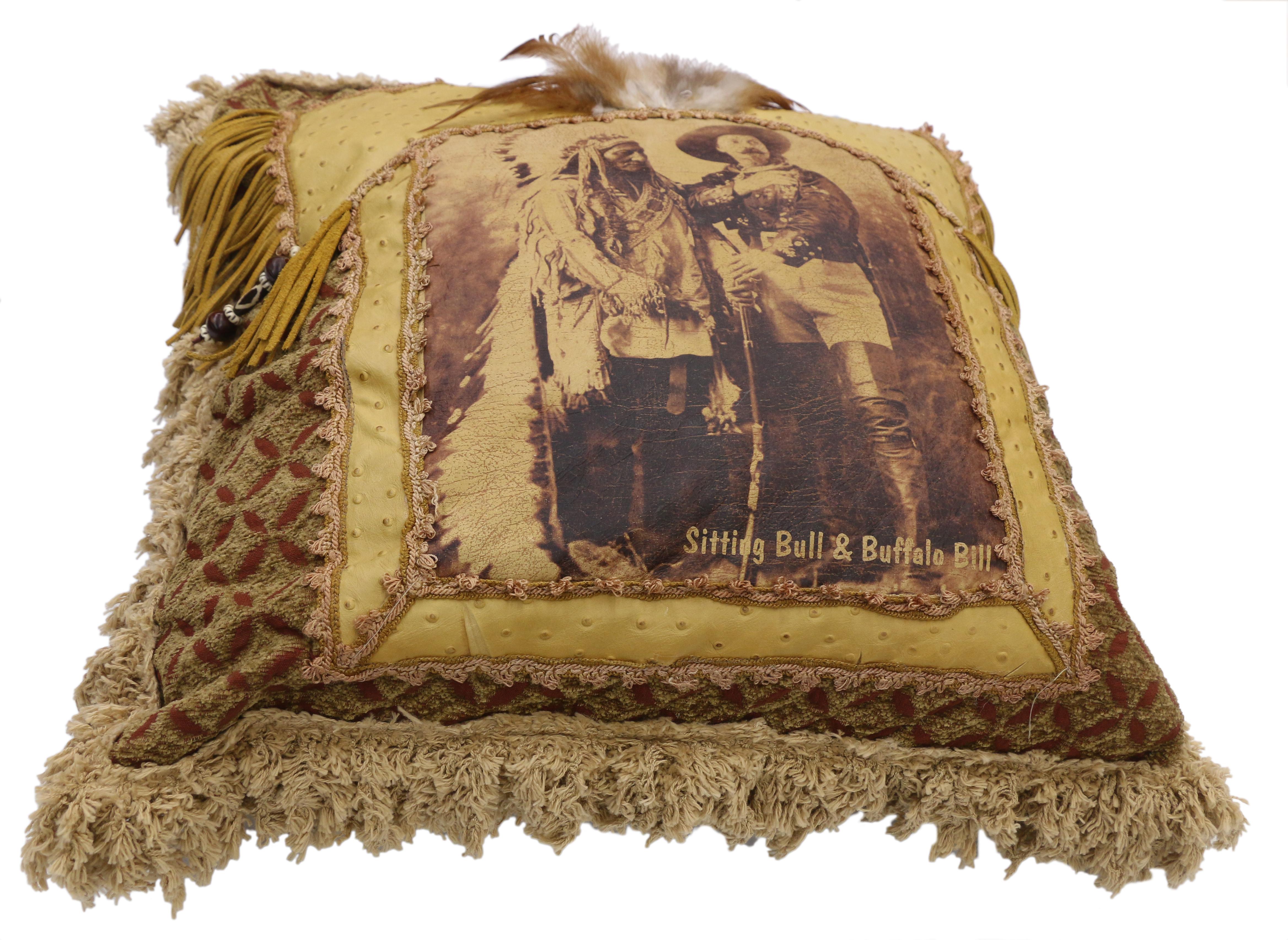 Native American Buffalo Bill and Sitting Bull Leather Throw Pillow with Anglo-Indian Style