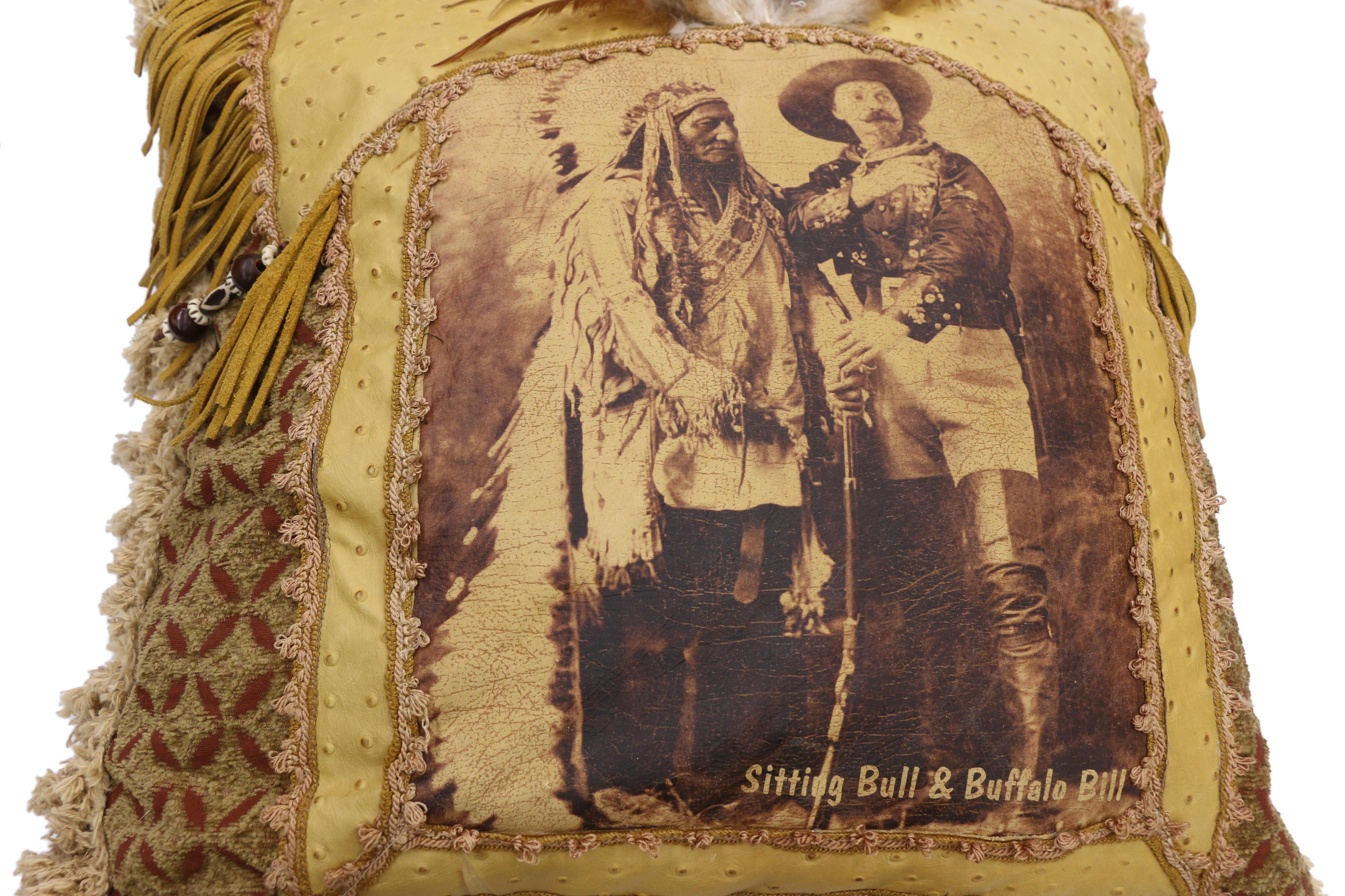 American Buffalo Bill and Sitting Bull Leather Throw Pillow with Anglo-Indian Style