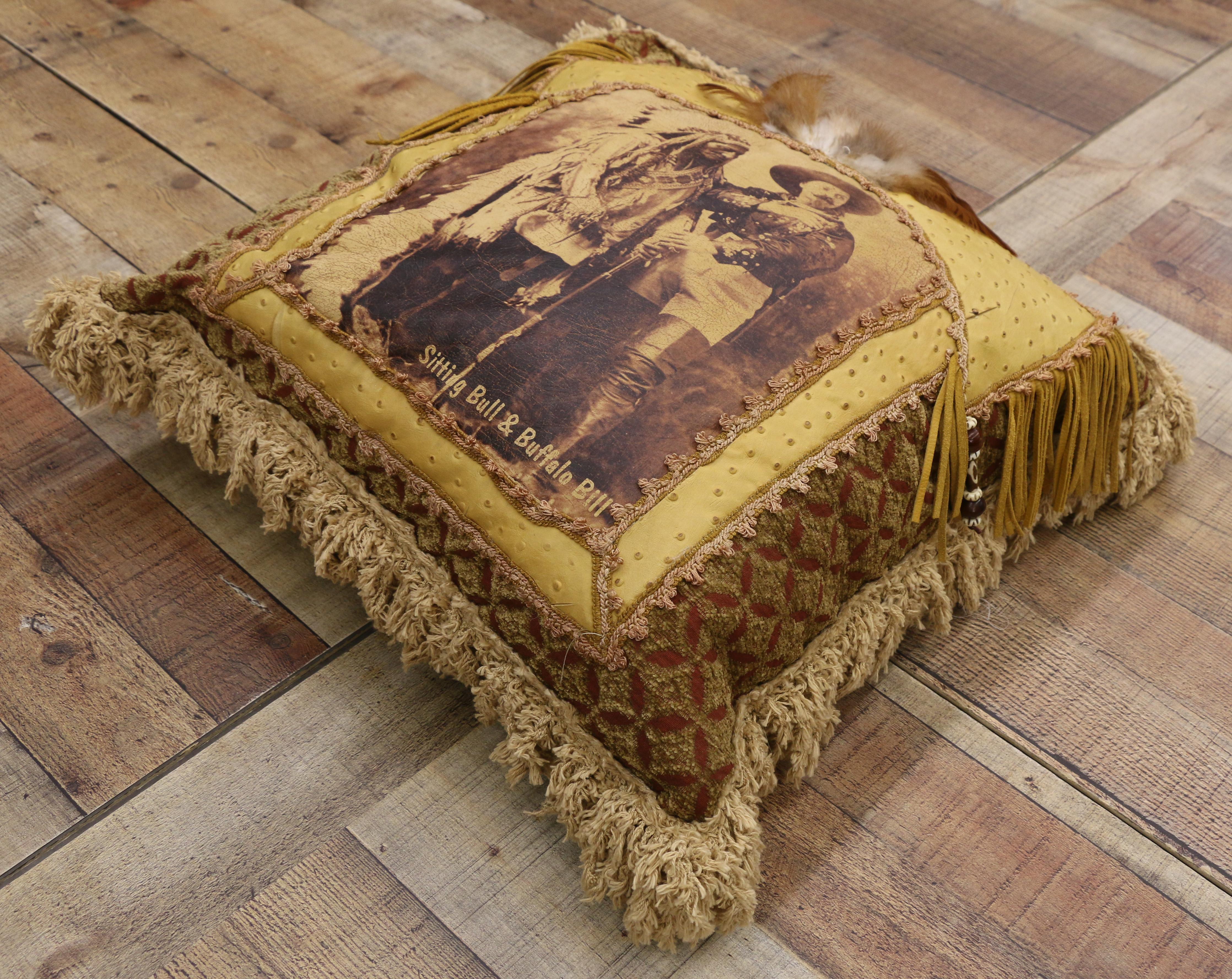 Buffalo Bill and Sitting Bull Leather Throw Pillow with Anglo-Indian Style In Good Condition In Dallas, TX