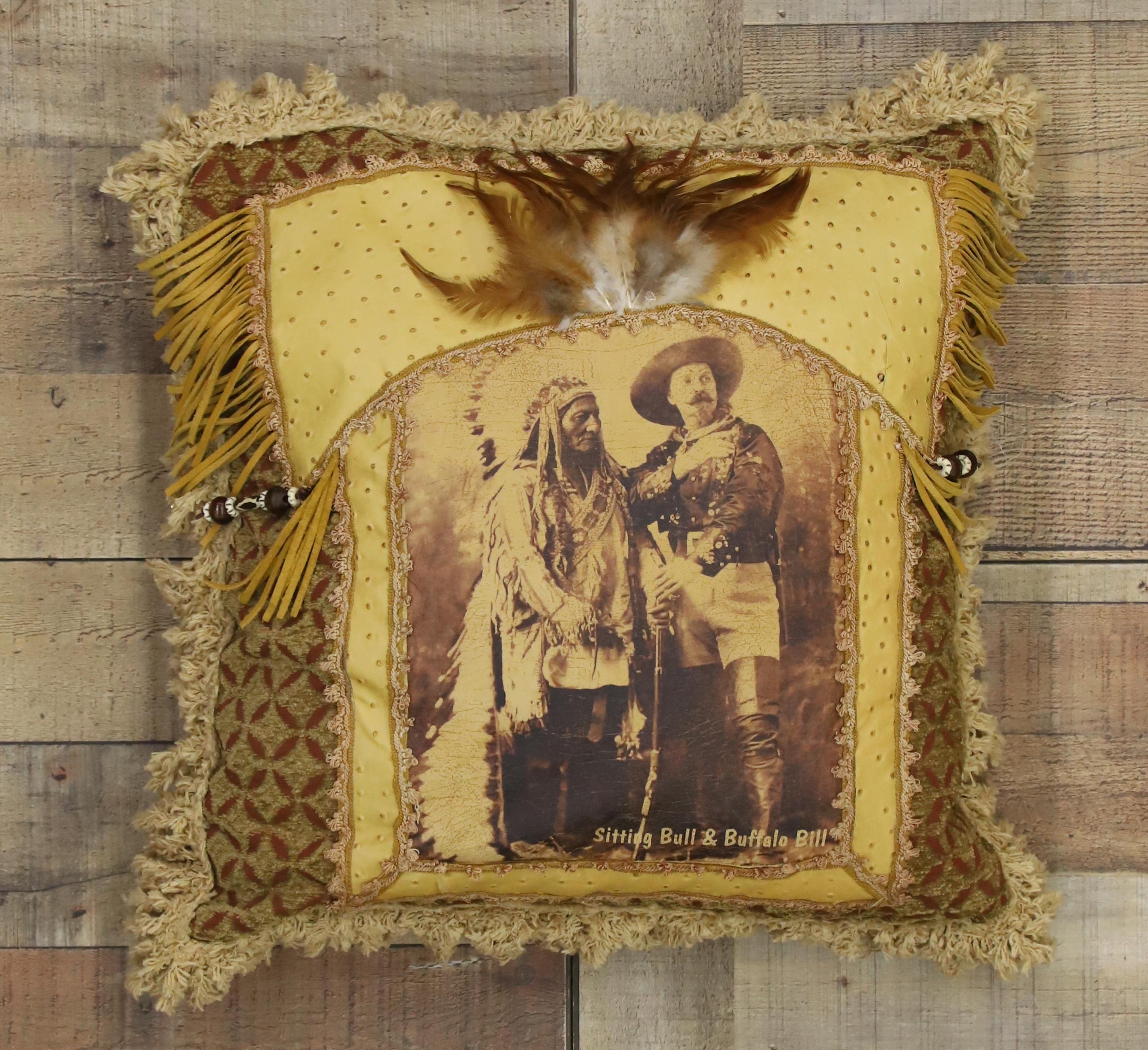 Contemporary Buffalo Bill and Sitting Bull Leather Throw Pillow with Anglo-Indian Style