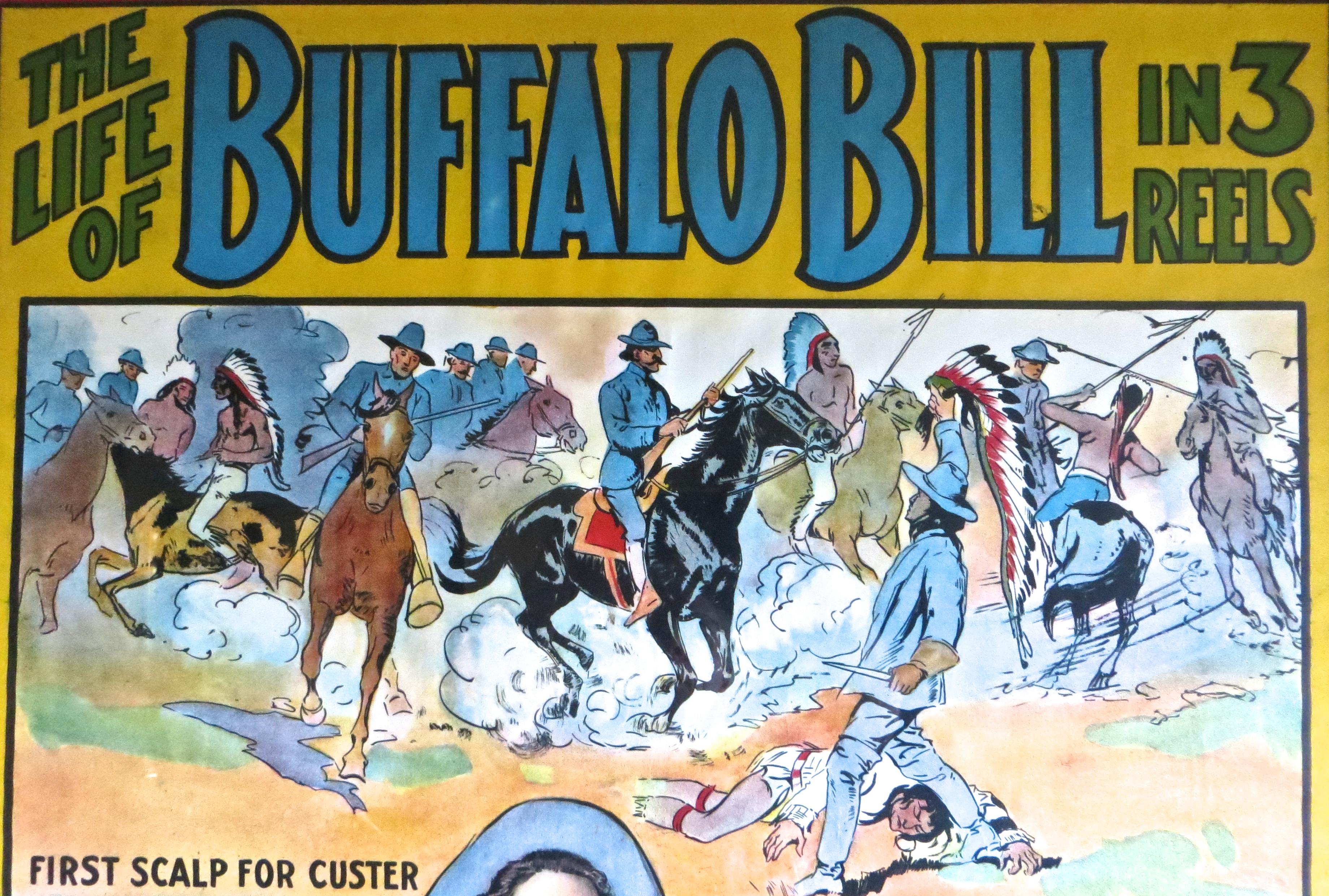 Authentic Buffalo Bill chromolithograph movie poster on paper featuring William Cody (Buffalo Bill) in the Three Reel film 