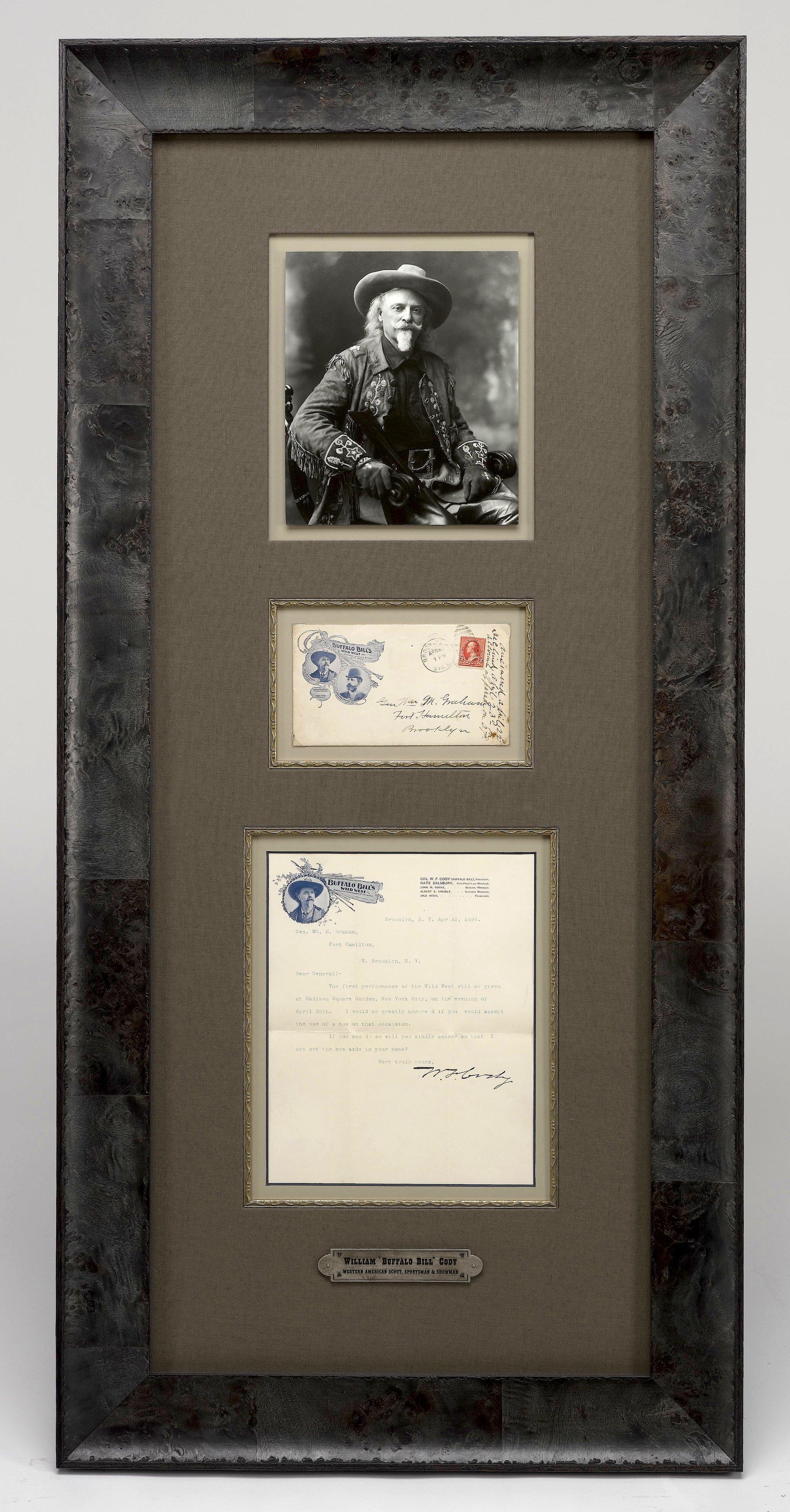 Presented is a unique autographed collage celebrating William F. “Buffalo Bill” Cody. The collage features an original typed letter signed by Cody and dated to April 21, 1897.

In the letter, Cody is writing to Gen. Wm. H. Graham at Fort Hamilton