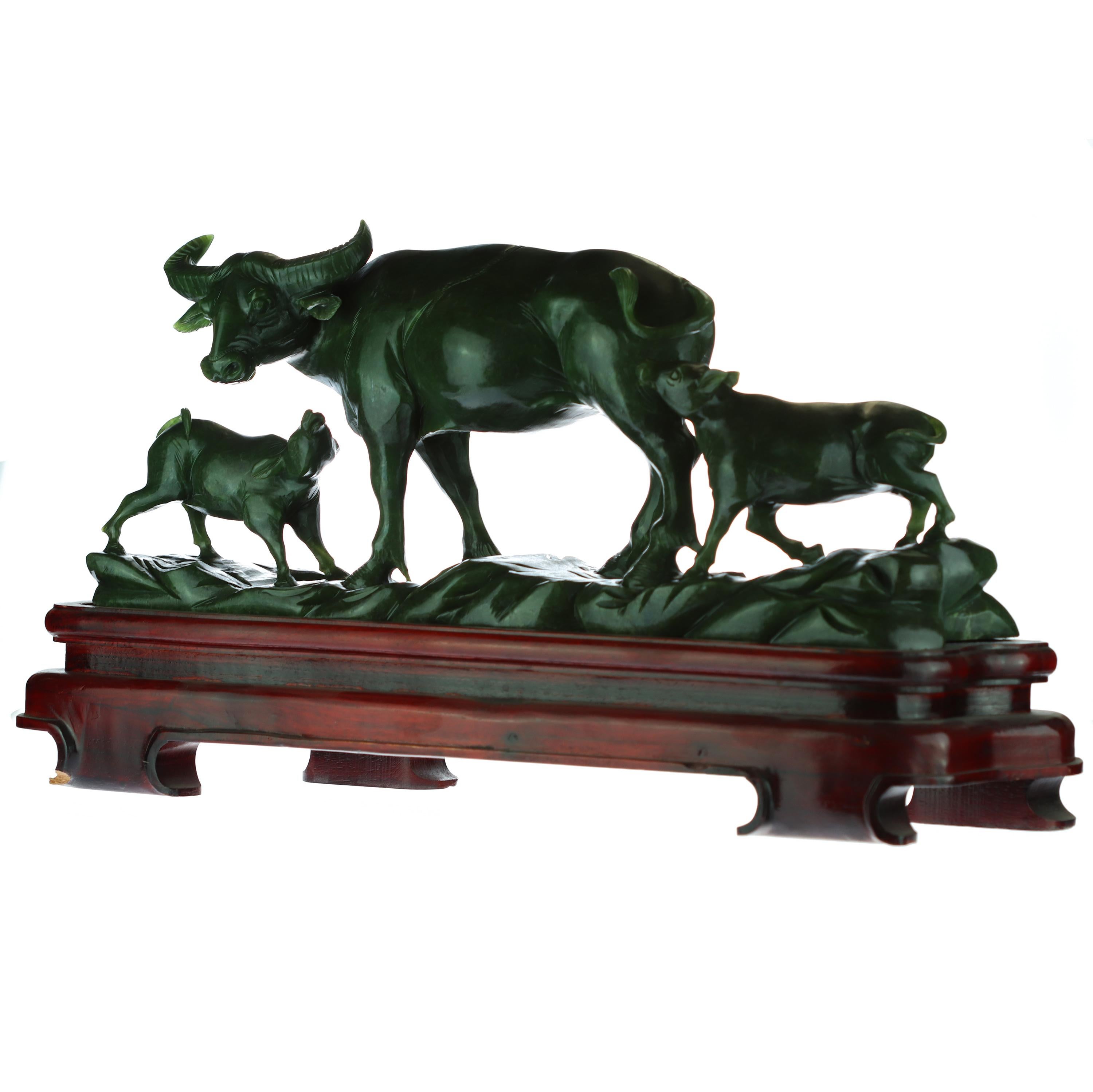 Chinese Export Buffalo Bison Cow Animal Family Nature Australian Jade Asian Art Deco Sculpture For Sale