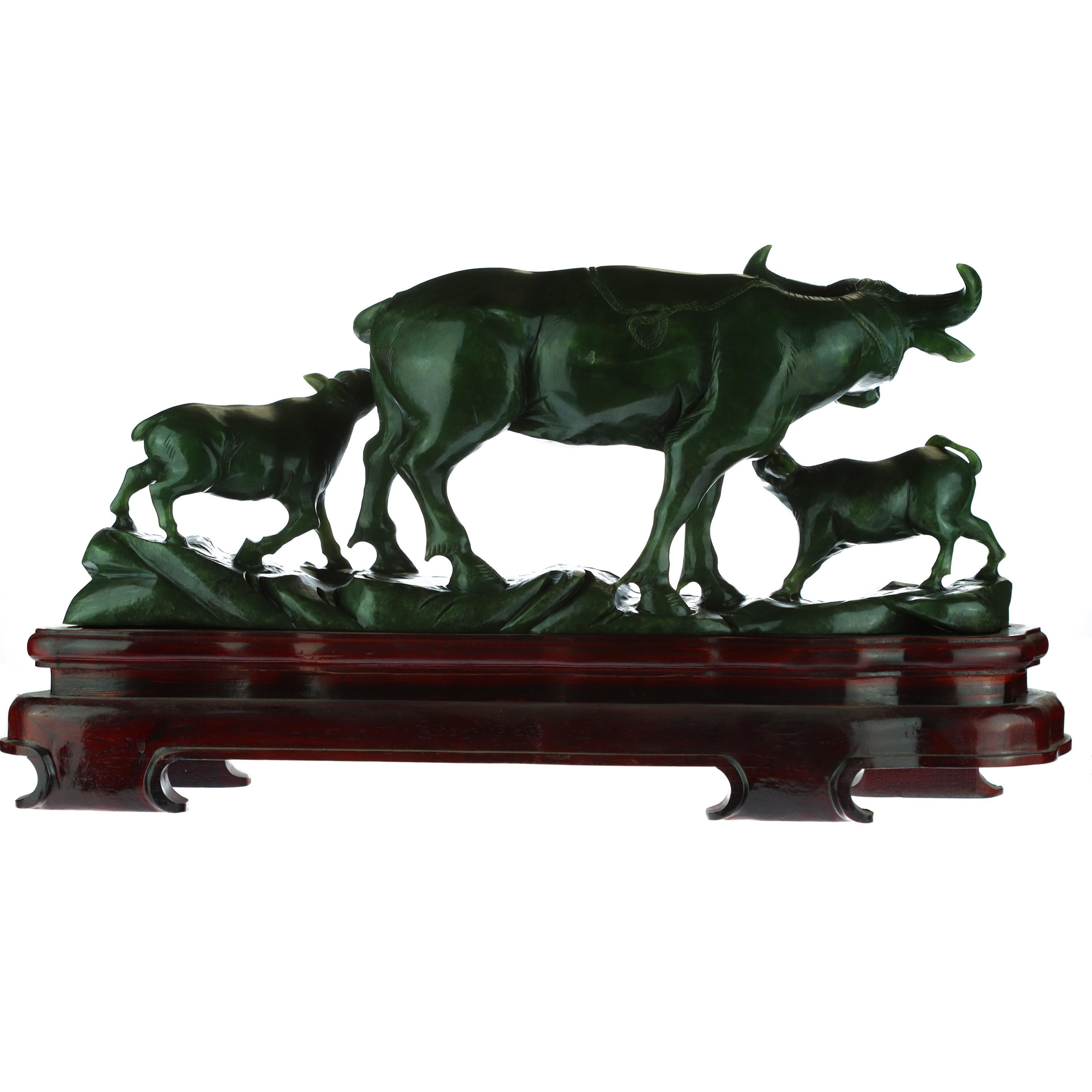 Chinese Buffalo Bison Cow Animal Family Nature Australian Jade Asian Art Deco Sculpture For Sale