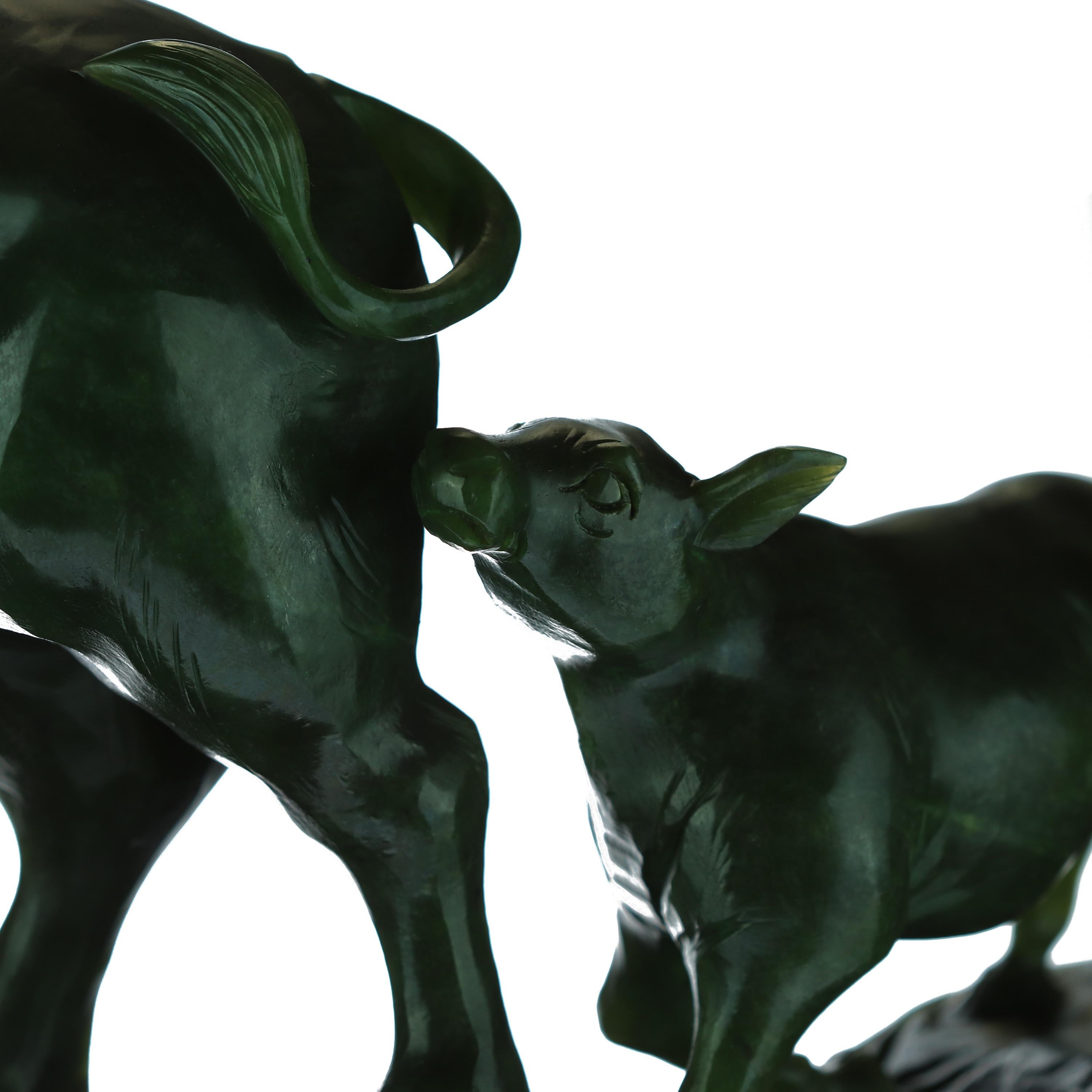 Late 20th Century Buffalo Bison Cow Animal Family Nature Australian Jade Asian Art Deco Sculpture For Sale