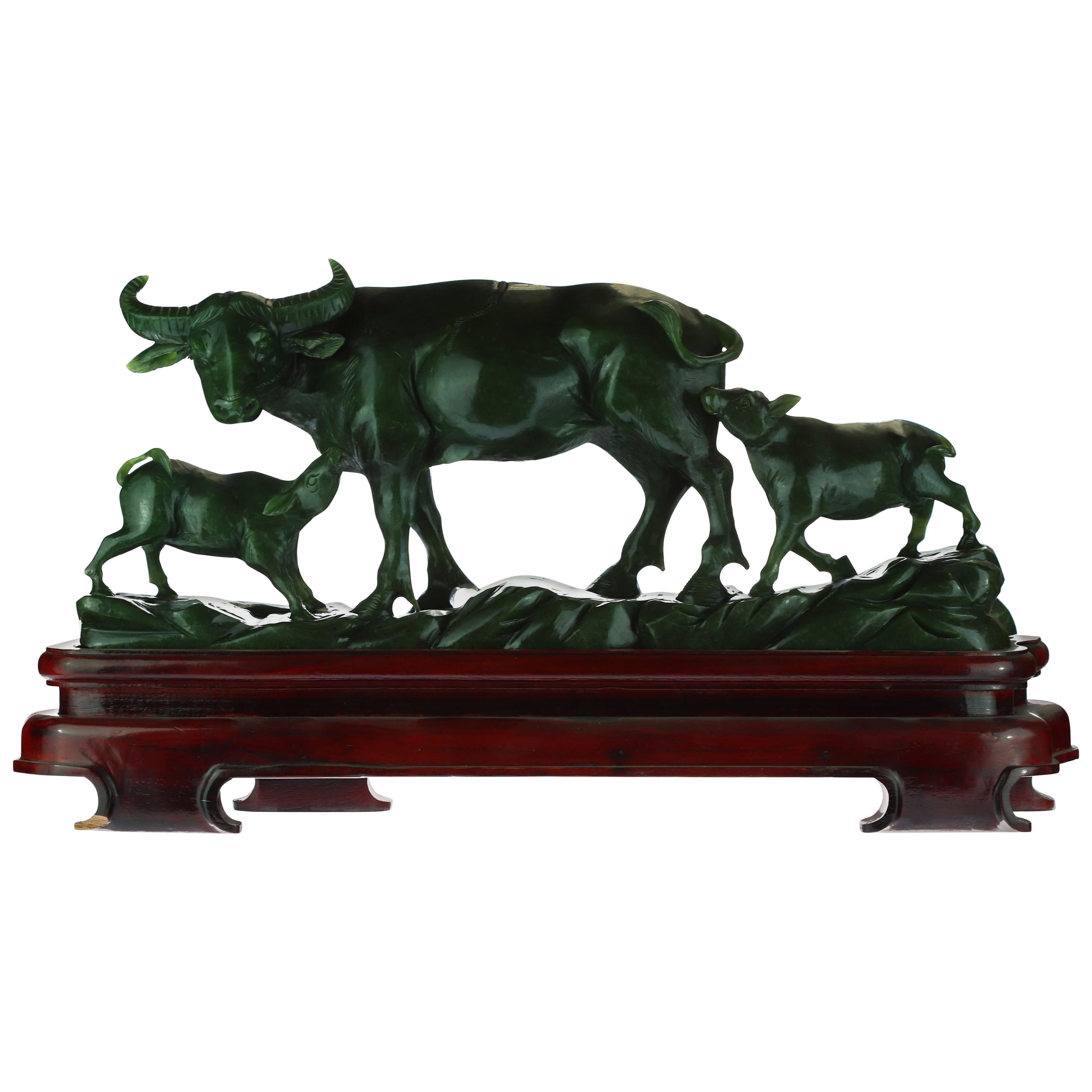 Buffalo Bison Cow Animal Family Nature Australian Jade Asian Art Deco Sculpture For Sale