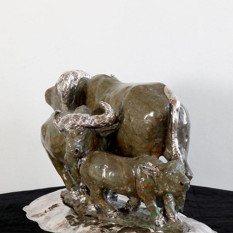 Photo inspiration: Handmade Sculptures For Sale Reference: Buffalo Carved Verdite Sculpture Figure With Handmade Sterling Silver