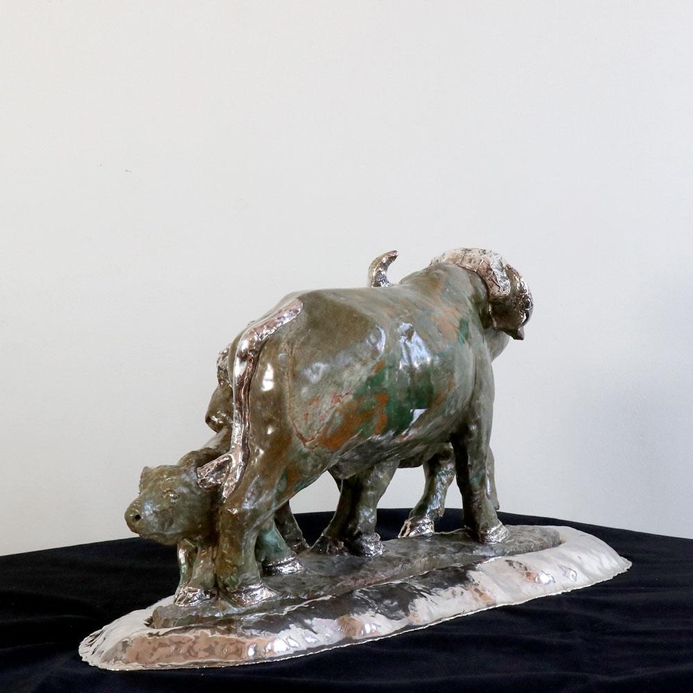 Hand-Crafted Buffalo Carved Verdite Sculpture Figure with Handmade Sterling Silver 925 For Sale