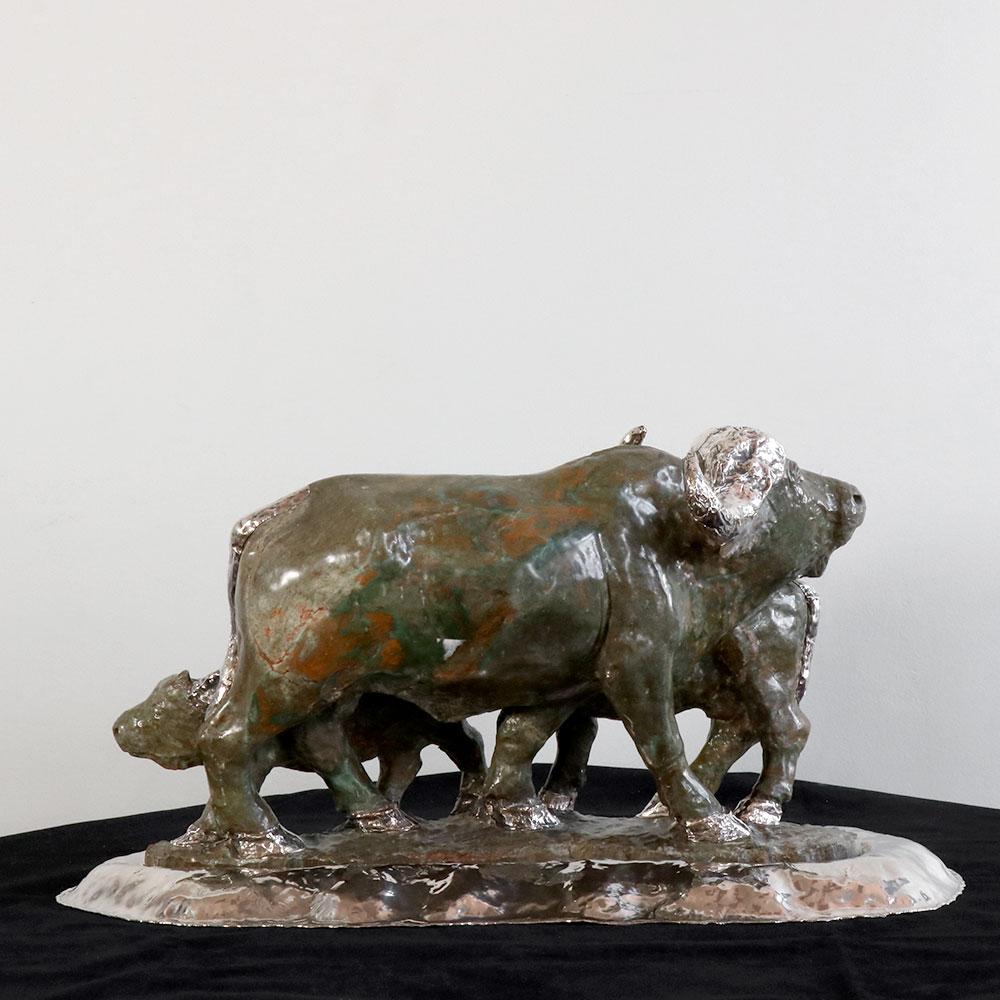 Buffalo Carved Verdite Sculpture Figure with Handmade Sterling Silver 925 In New Condition For Sale In Porto, 13