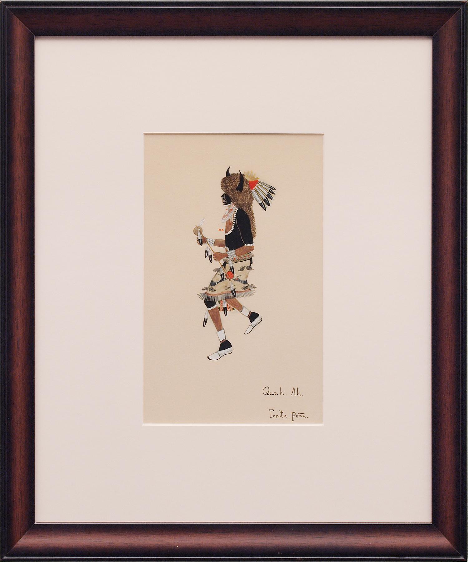 Original signed painting of a Pueblo Buffalo Dancer by early 20th century Native American artist, Tonita Peña (1895-1949). Also known as Quah Ah (her Tewa name), Peña was born in San Ildefonso, a small village in New Mexico, and later moved to