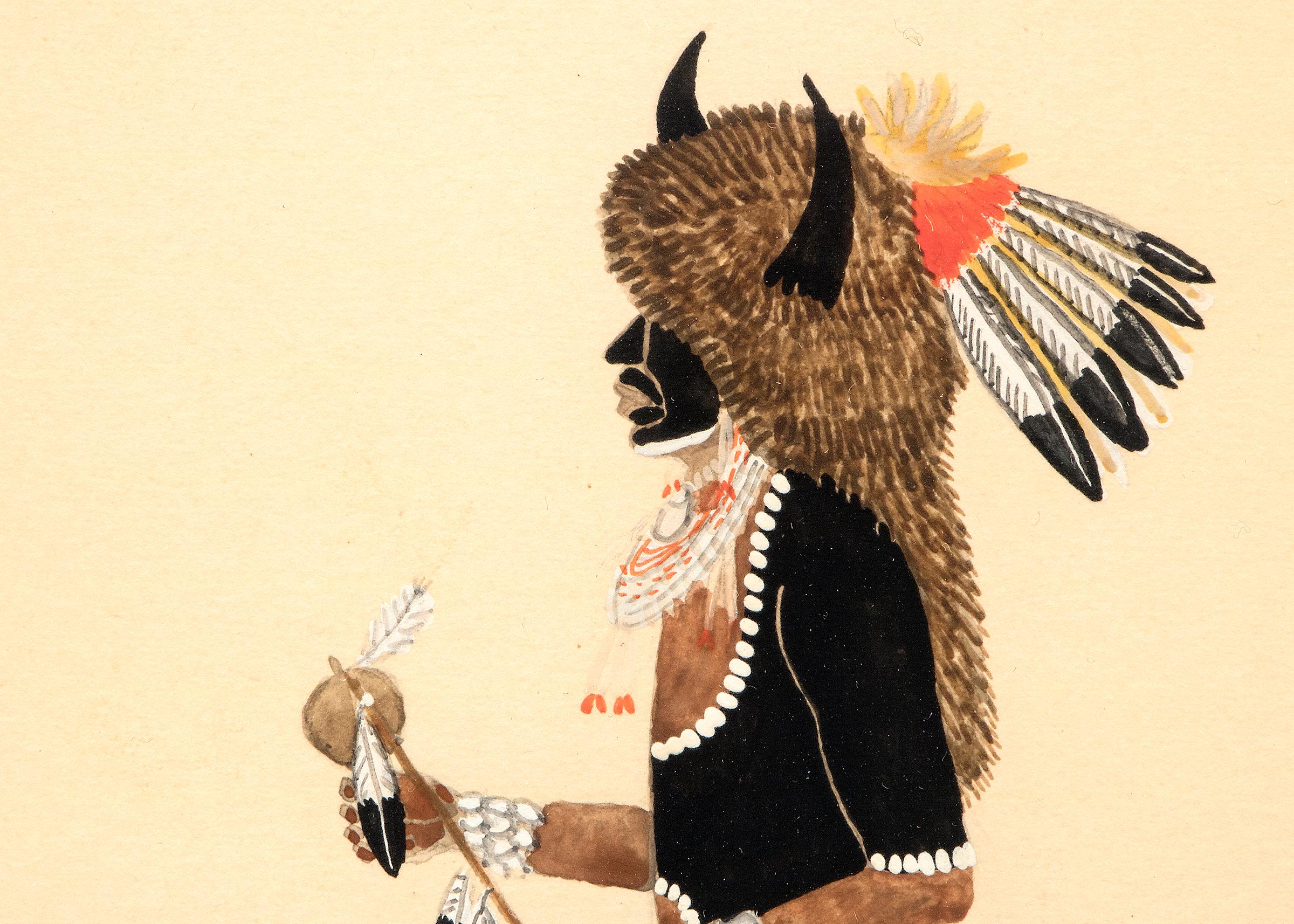 Hand-Painted Buffalo Dancer, 1920s Native American Painting by Tonita Peña 'Quah Ah'