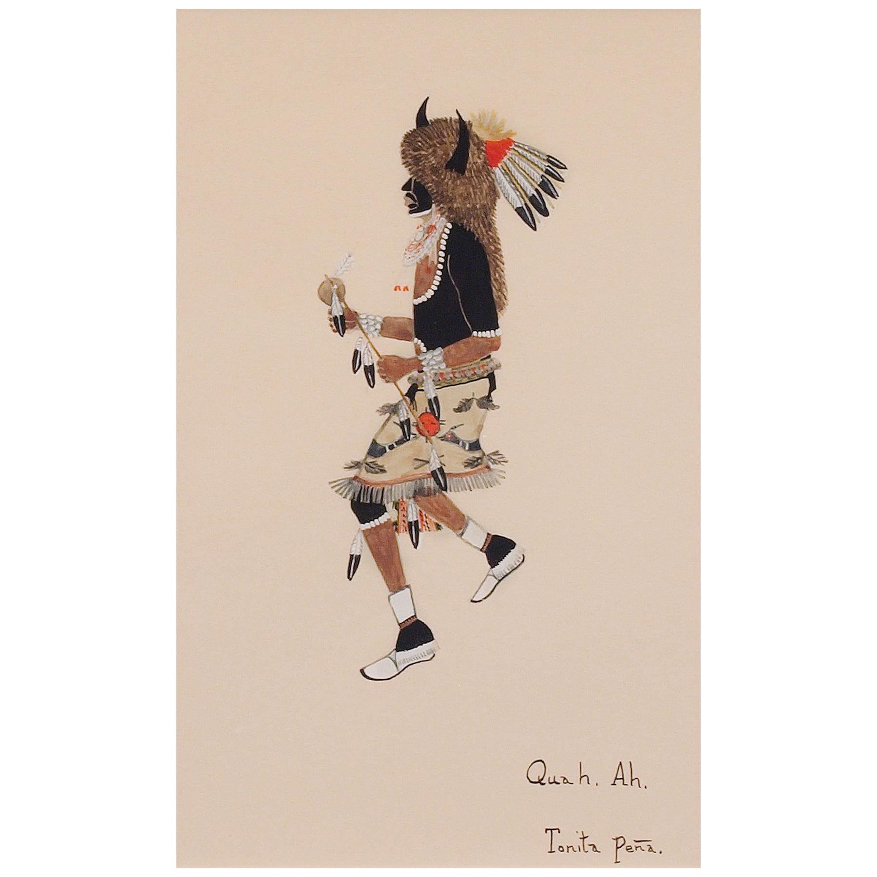 Buffalo Dancer, 1920s Native American Painting by Tonita Peña 'Quah Ah'