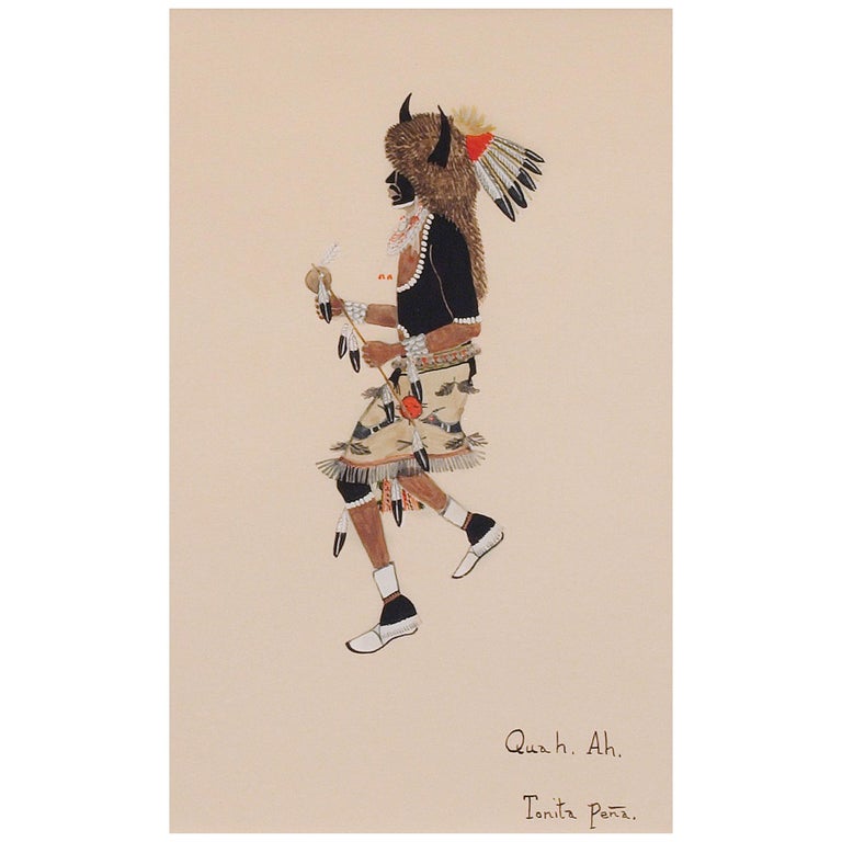 Buffalo Dancer, 1920s Native American Painting by Tonita Peña 'Quah Ah' For Sale