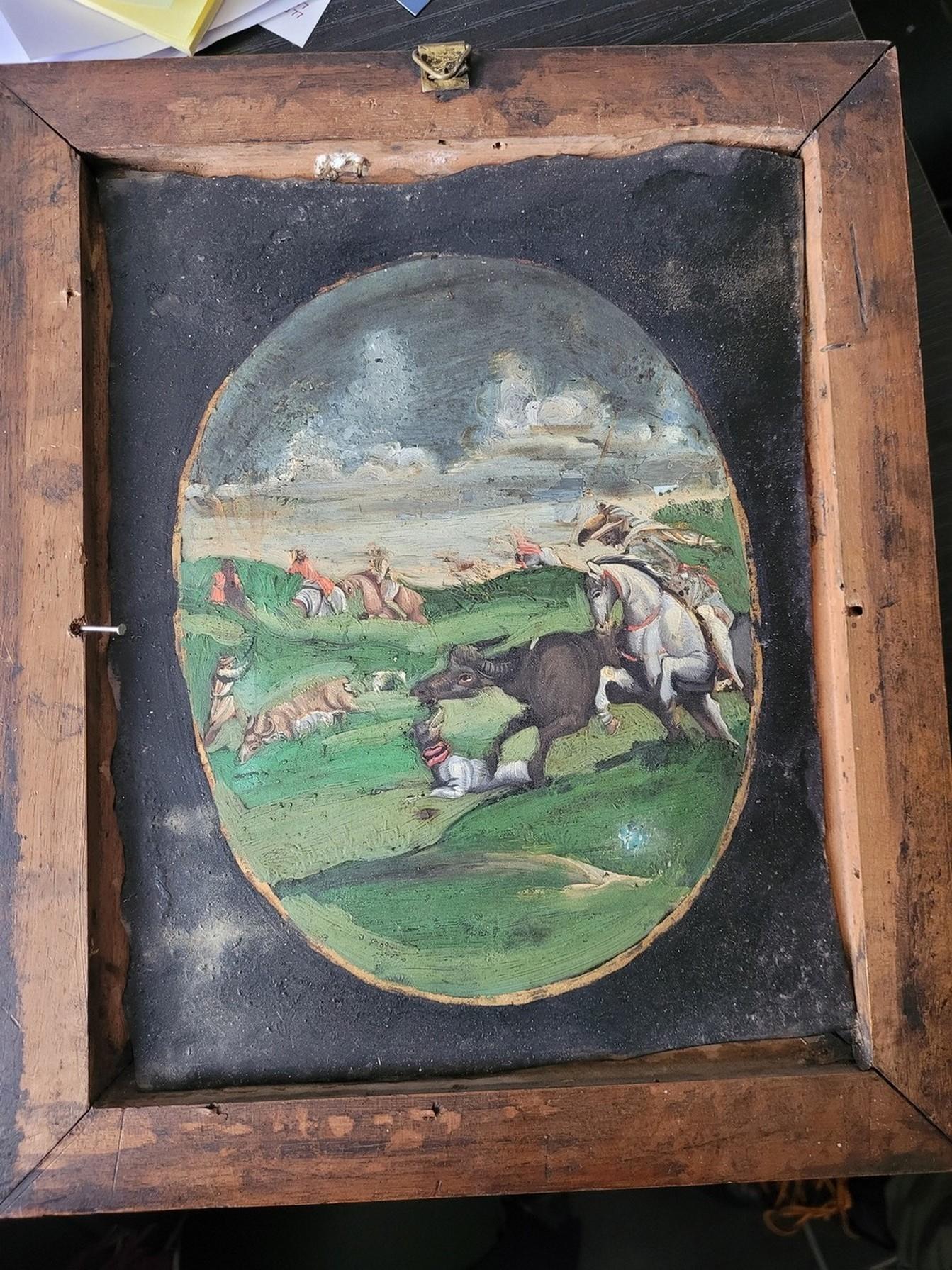 Buffalo hunting, fixed under glass, Indo-Portuguese? 18th century For Sale 4