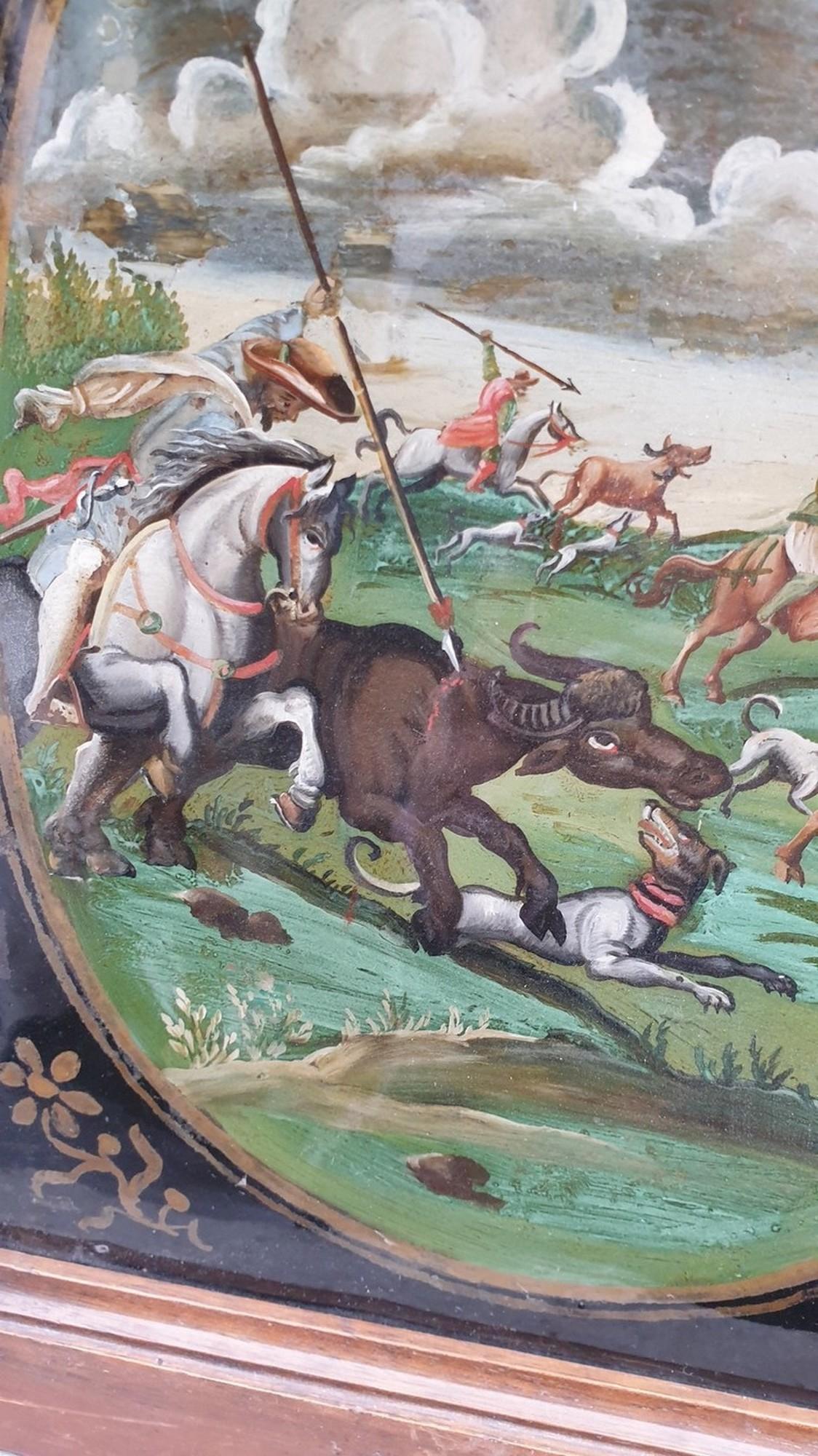 Spanish Colonial Buffalo hunting, fixed under glass, Indo-Portuguese? 18th century For Sale