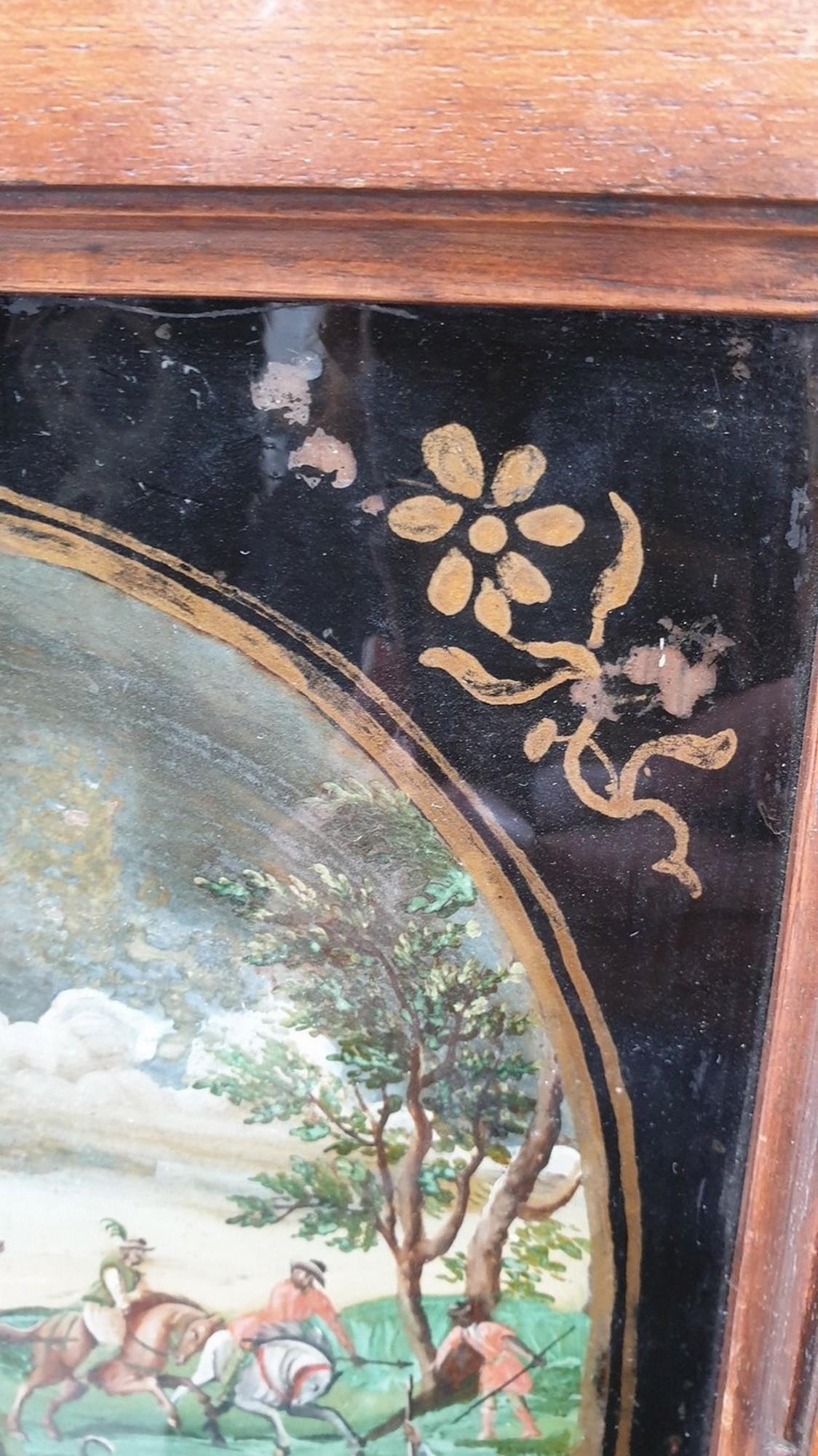 Painted Buffalo hunting, fixed under glass, Indo-Portuguese? 18th century For Sale
