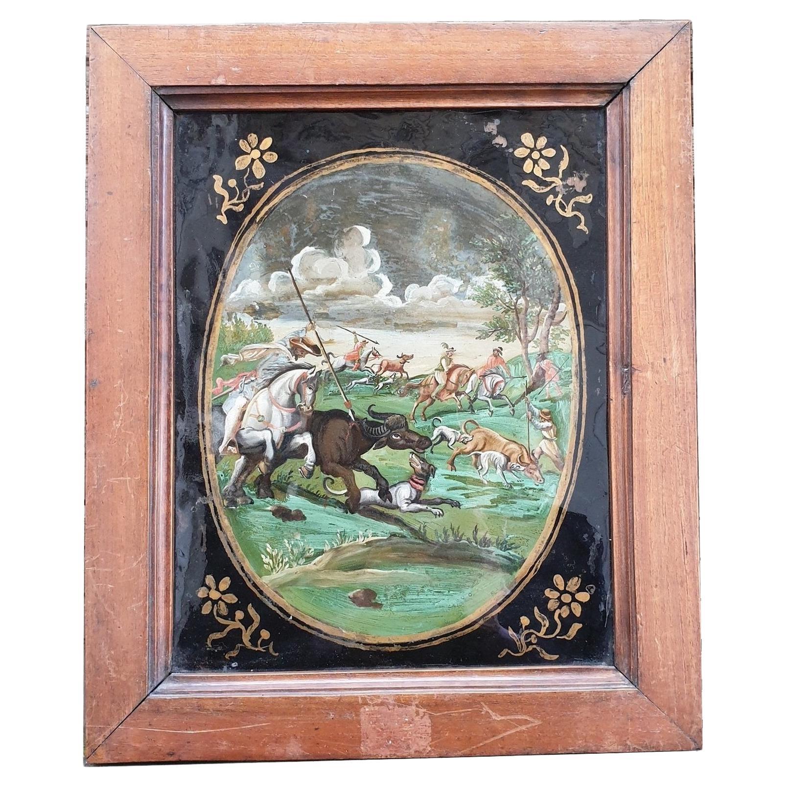 Buffalo hunting, fixed under glass, Indo-Portuguese? 18th century For Sale