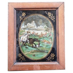 Buffalo hunting, fixed under glass, Indo-Portuguese? 18th century