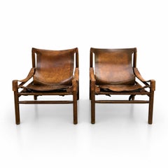 Buffalo Leather Safari Armchair in Pair, Solid Oak Frame, Vintage Style, 1970s