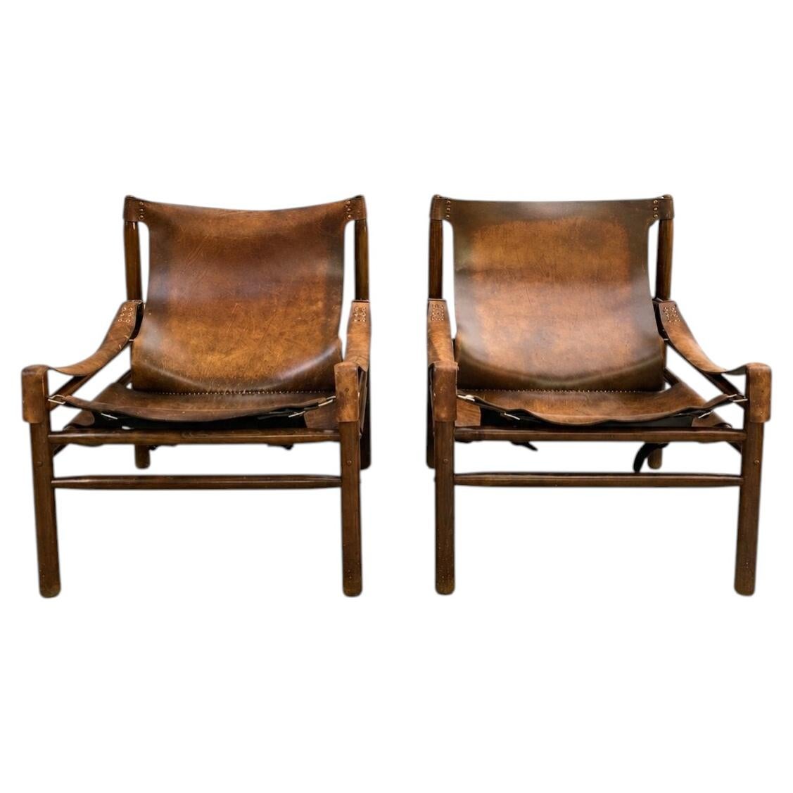 Buffalo Leather Safari Armchair in Pair, Solid Oak Frame, Vintage Style, 1970s For Sale