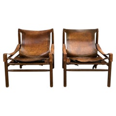 Buffalo Leather Safari Armchair in Pair, Solid Oak Frame, Vintage Style, 1970s