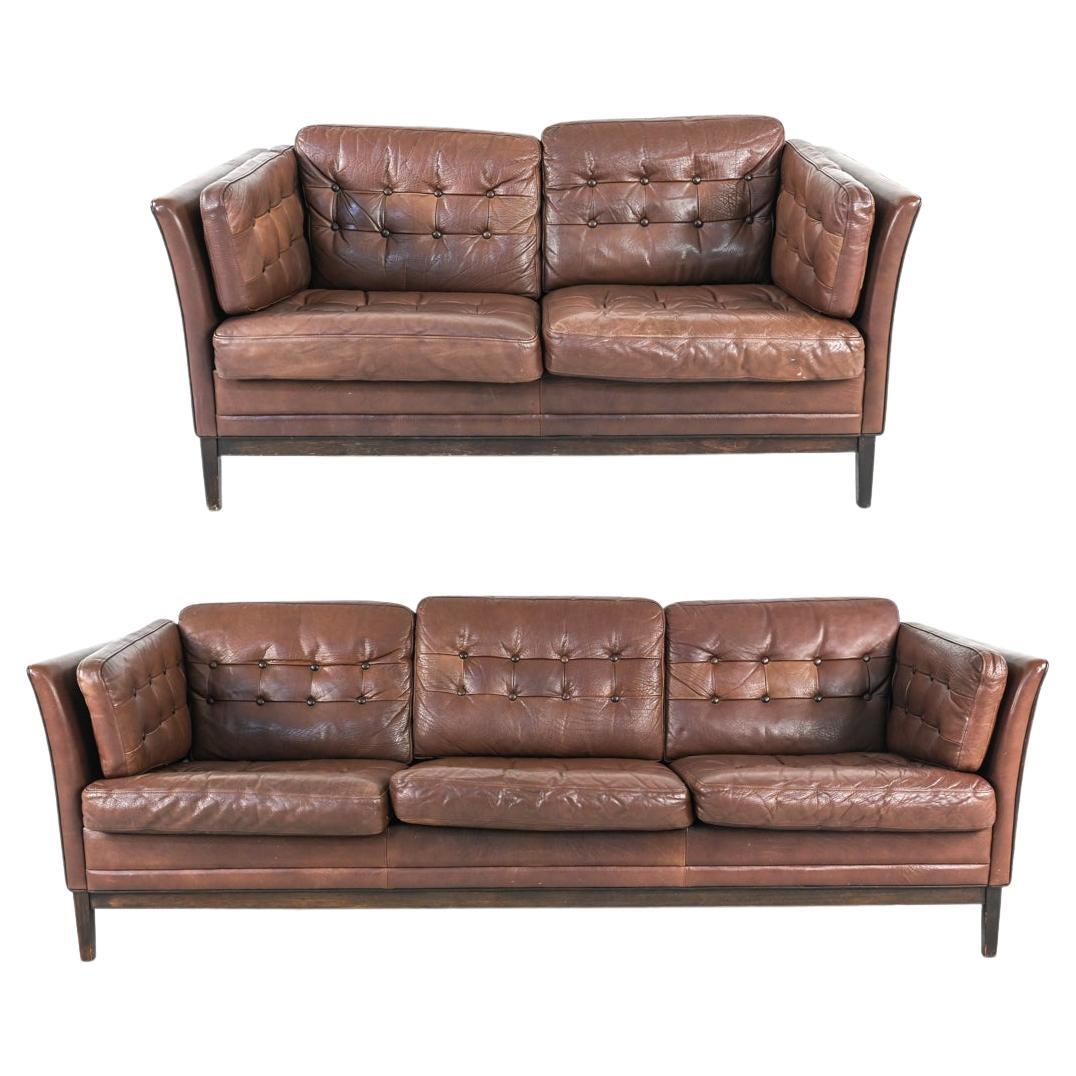 Buffalo Leather Sofa Suite in the Manner of Mogens Hansen, c. 1970's