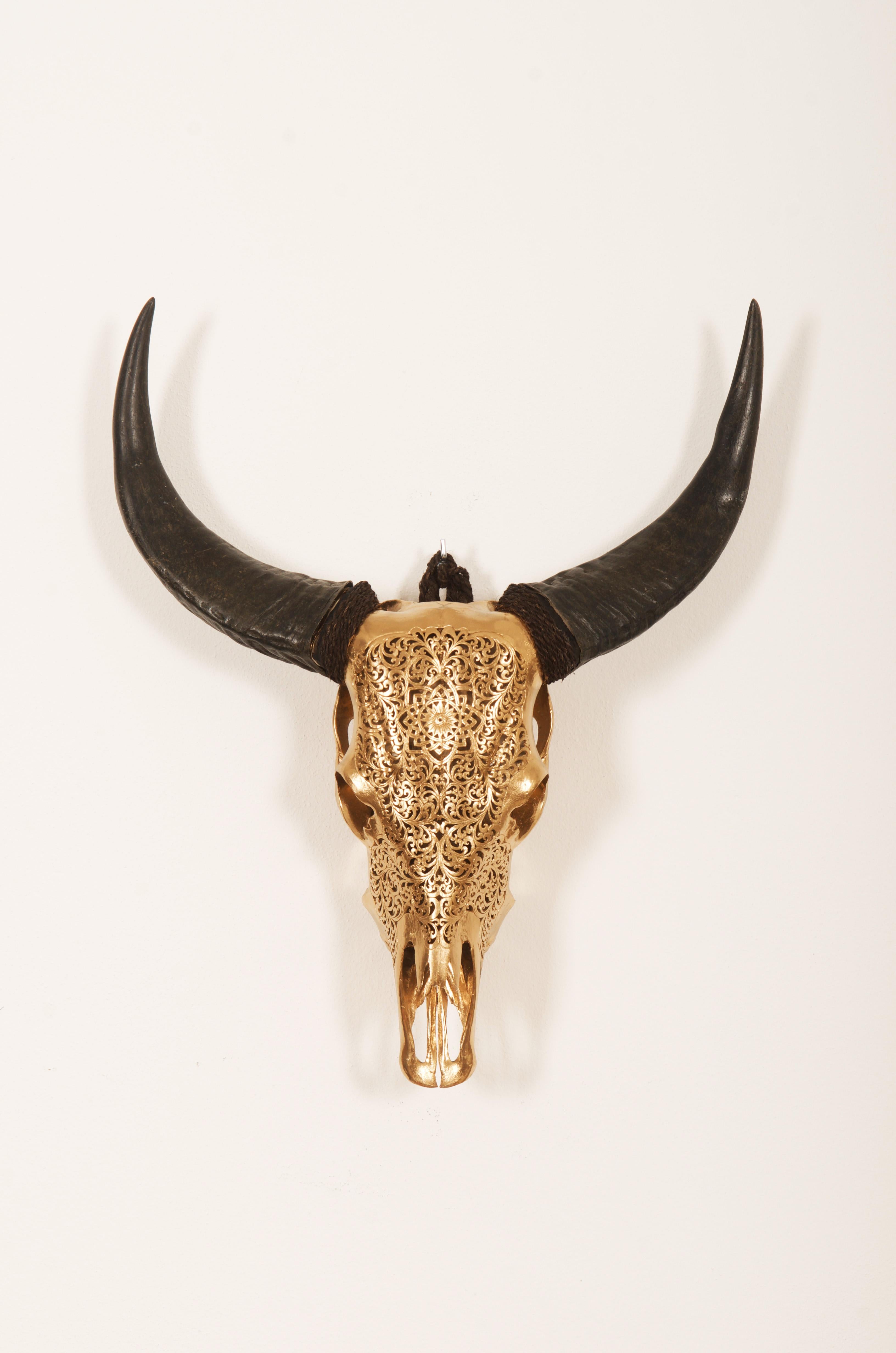 Buffalo Skull Fine Hand-Carved Gold Painted 3