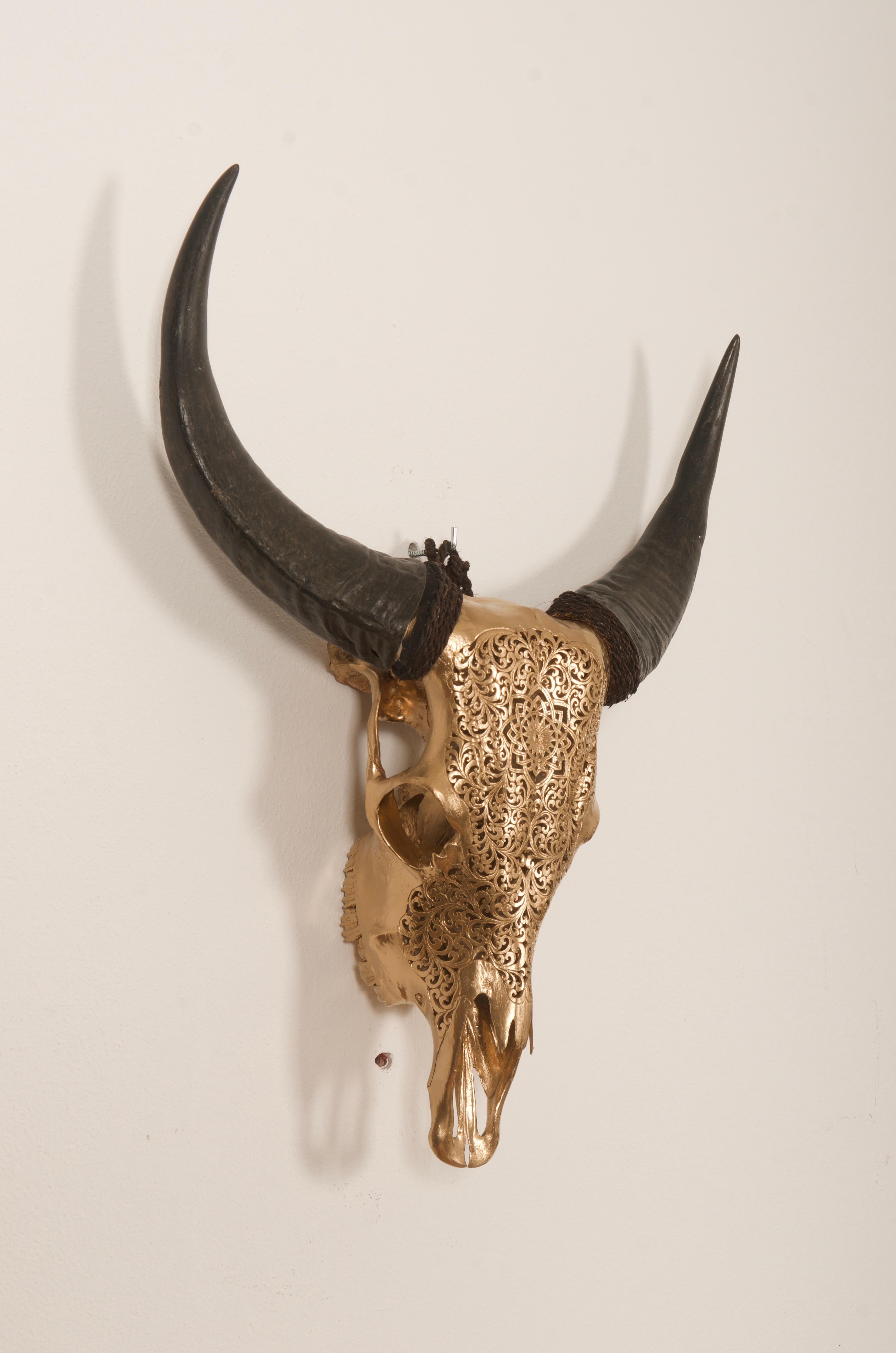 Indonesian Buffalo Skull Fine Hand-Carved Gold Painted