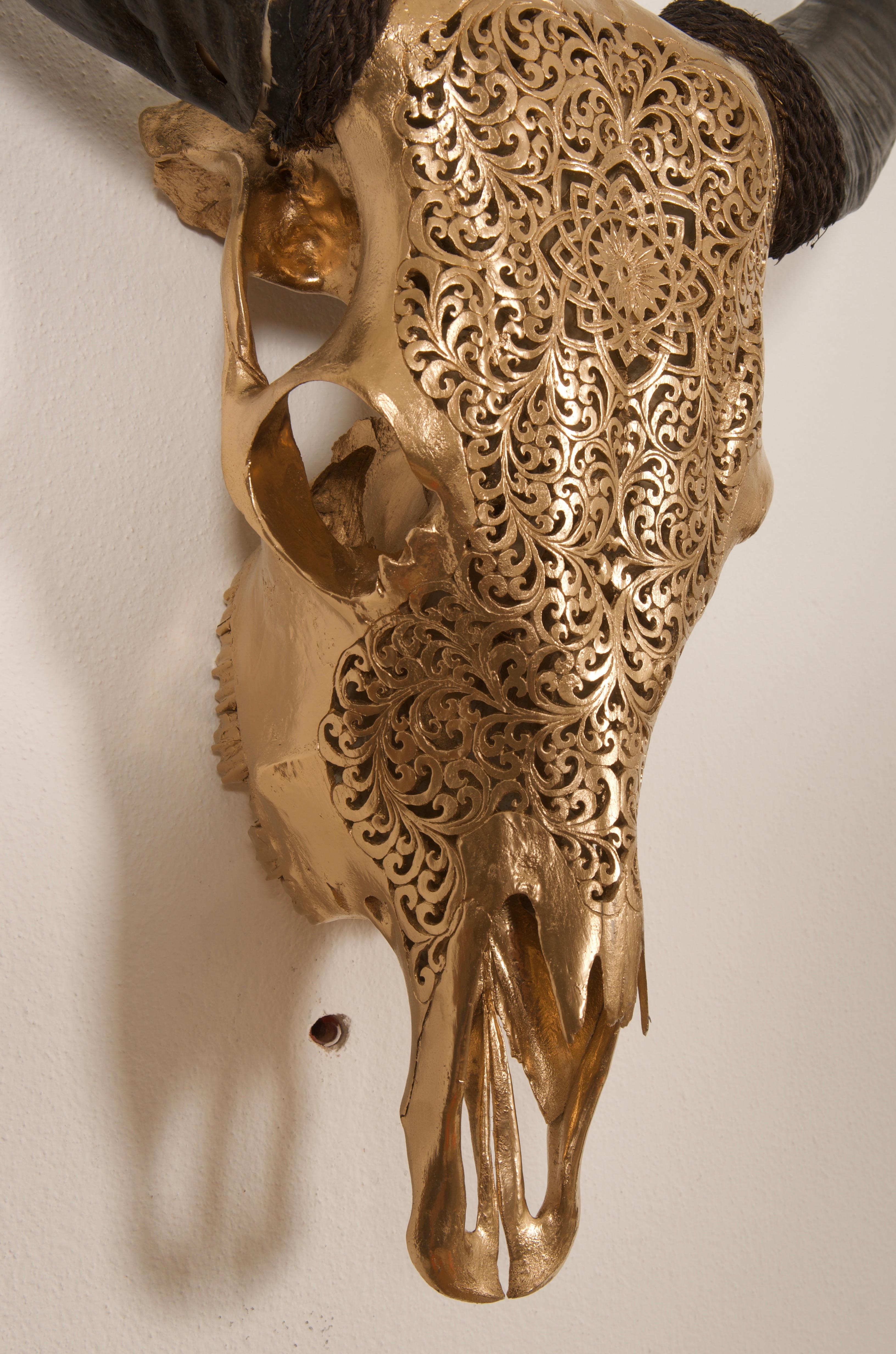Bone Buffalo Skull Fine Hand-Carved Gold Painted