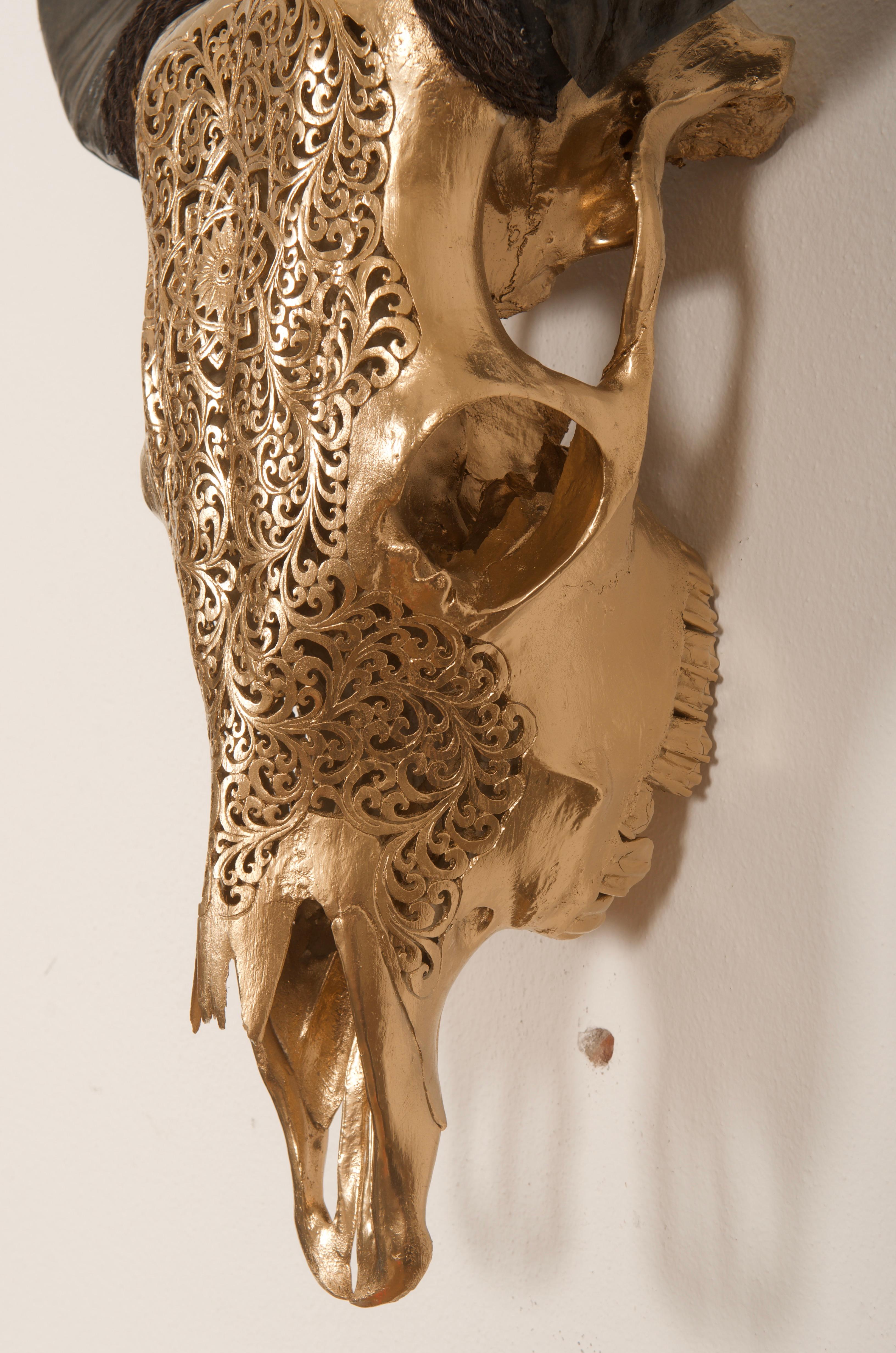Buffalo Skull Fine Hand-Carved Gold Painted 1