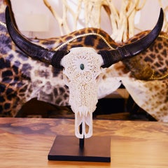 Buffalo Skull Hand-Carved Flower Sculpture