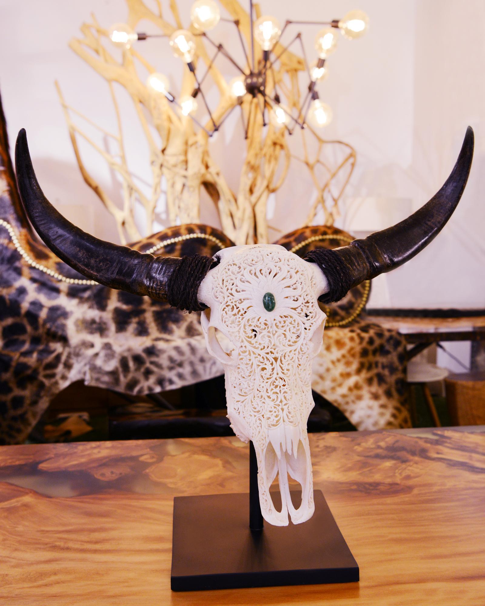 French Buffalo Skull Hand-Carved Flower Sculpture