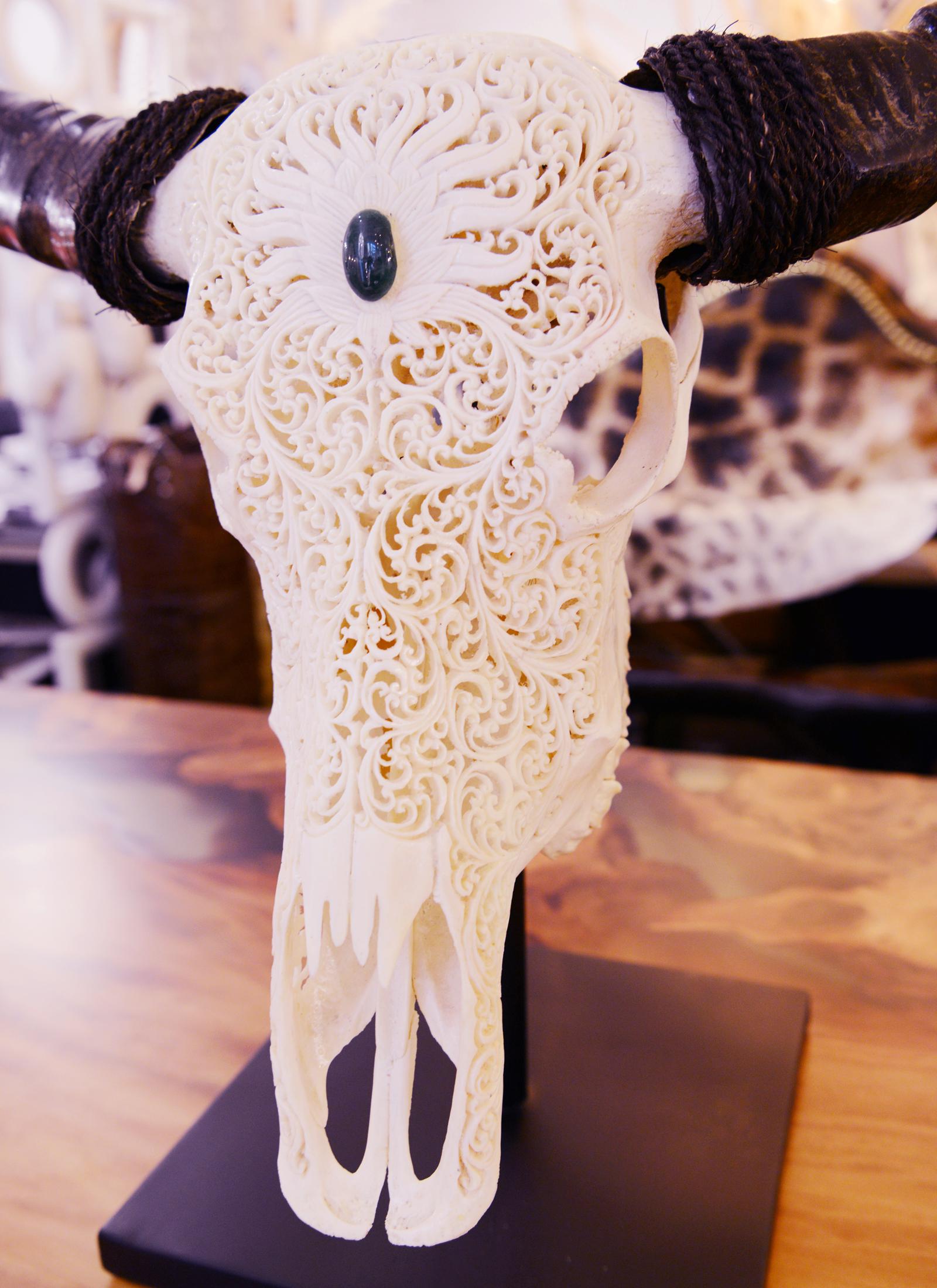 Contemporary Buffalo Skull Hand-Carved Flower Sculpture
