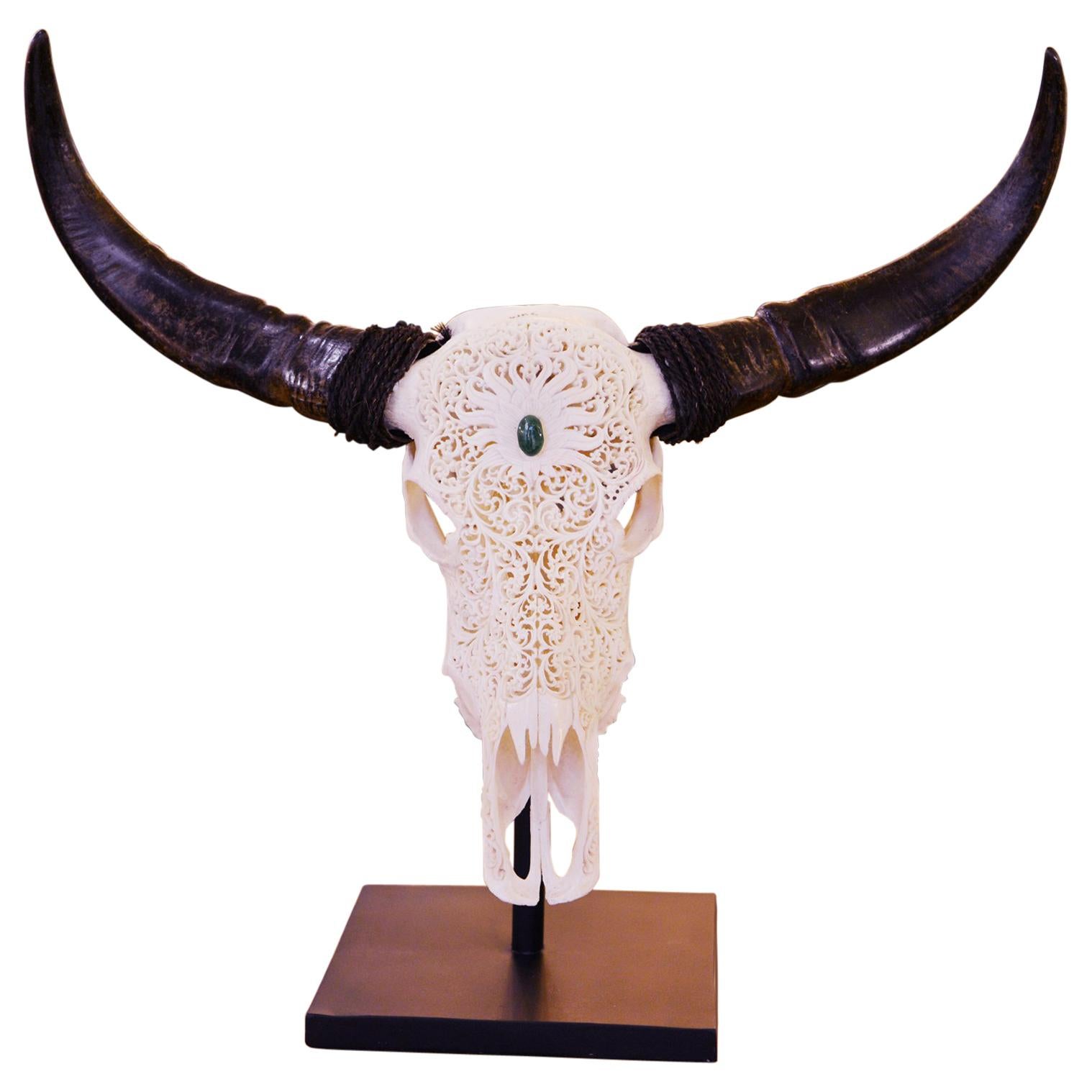 Buffalo Skull Hand-Carved Flower Sculpture