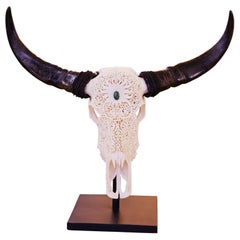 Buffalo Skull Hand-Carved Flower Sculpture