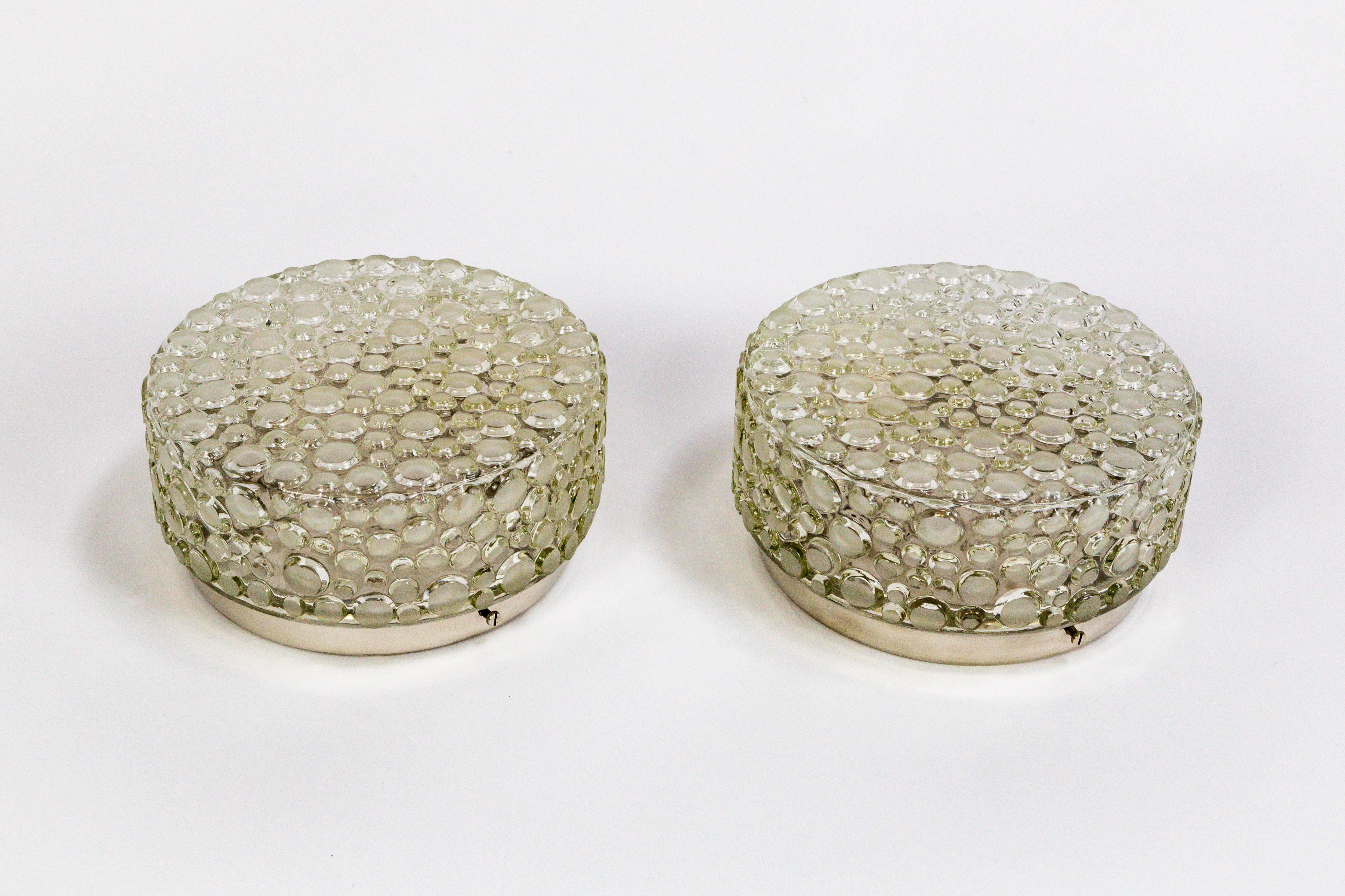 Buffed Glass Helena Tynell Style Circle Pattern Flush Mounts, Pair In Good Condition In San Francisco, CA
