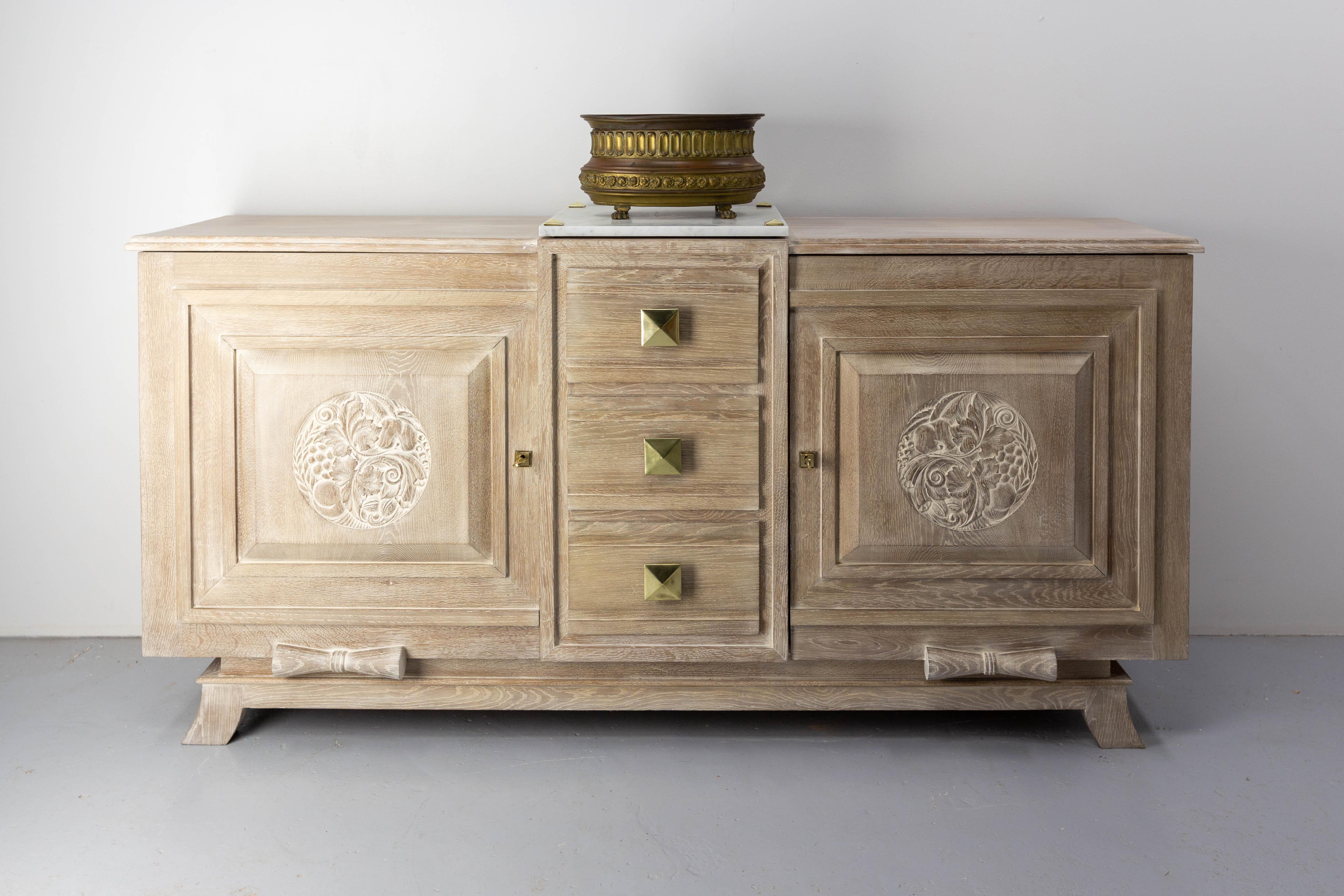 Buffet Art Deco Cerused Oak Marble Top & Brass, French, circa 1930 For Sale 10
