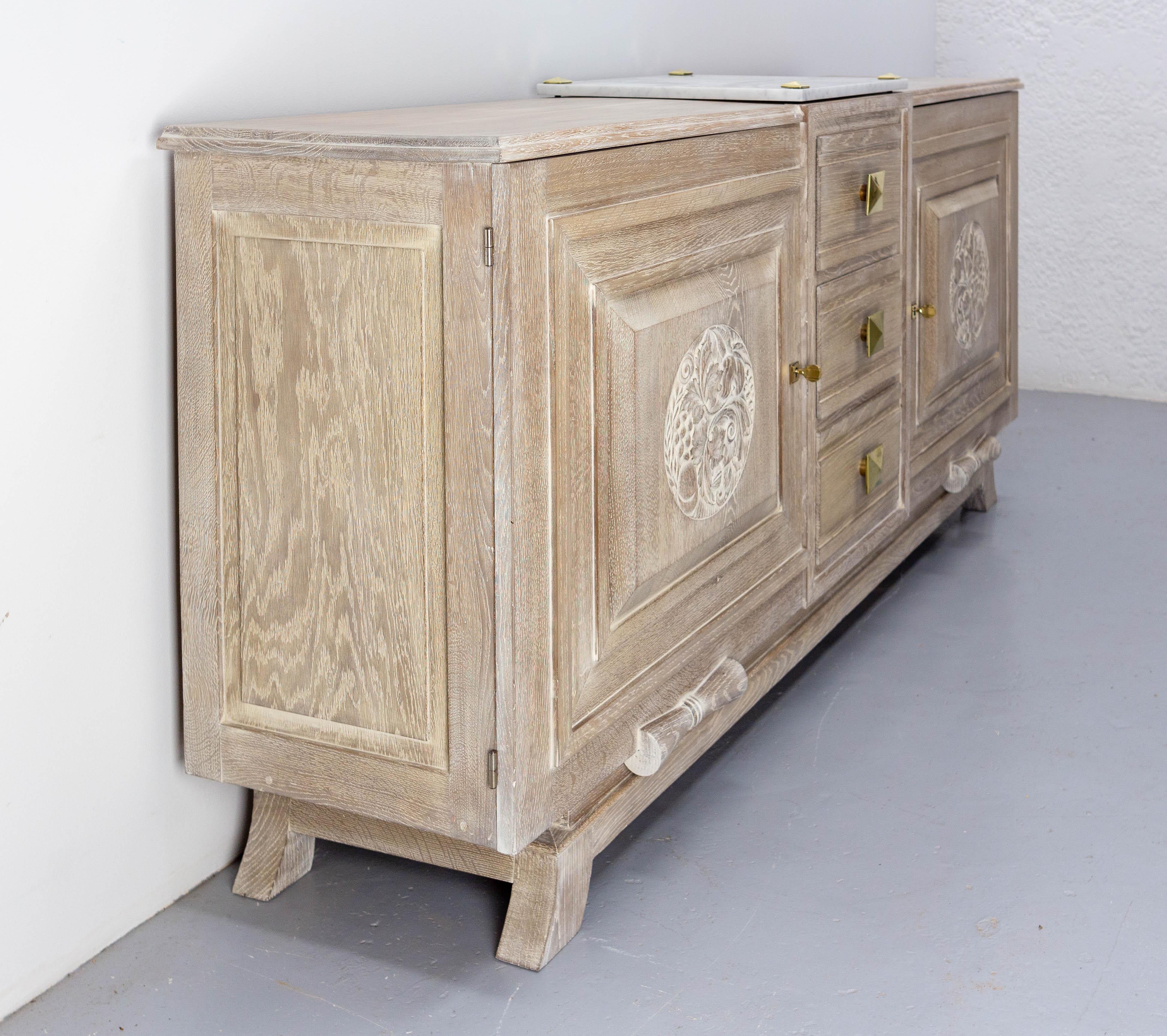 Buffet Art Deco Cerused Oak Marble Top & Brass, French, circa 1930 In Good Condition For Sale In Labrit, Landes