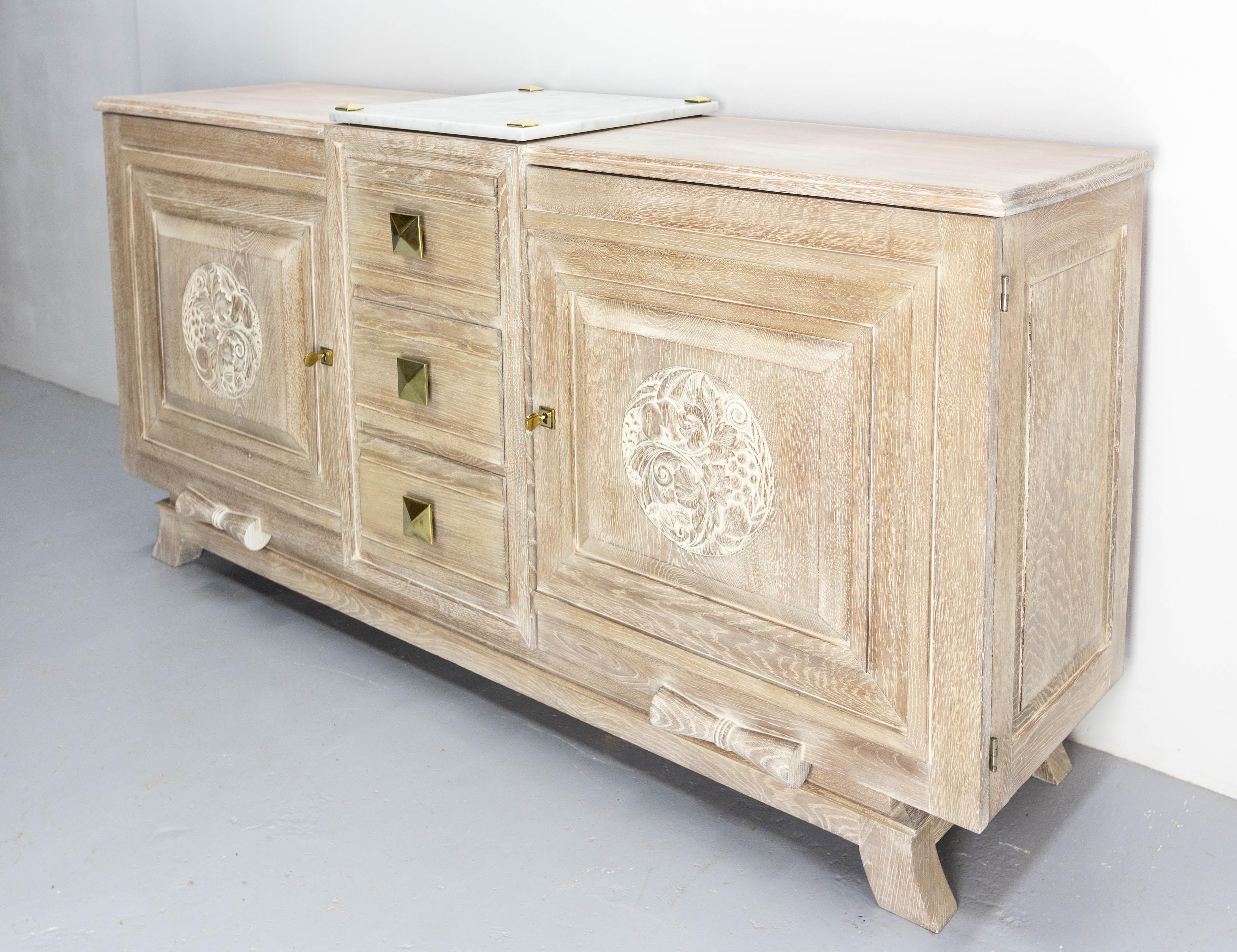 Mid-20th Century Buffet Art Deco Cerused Oak Marble Top & Brass, French, circa 1930 For Sale
